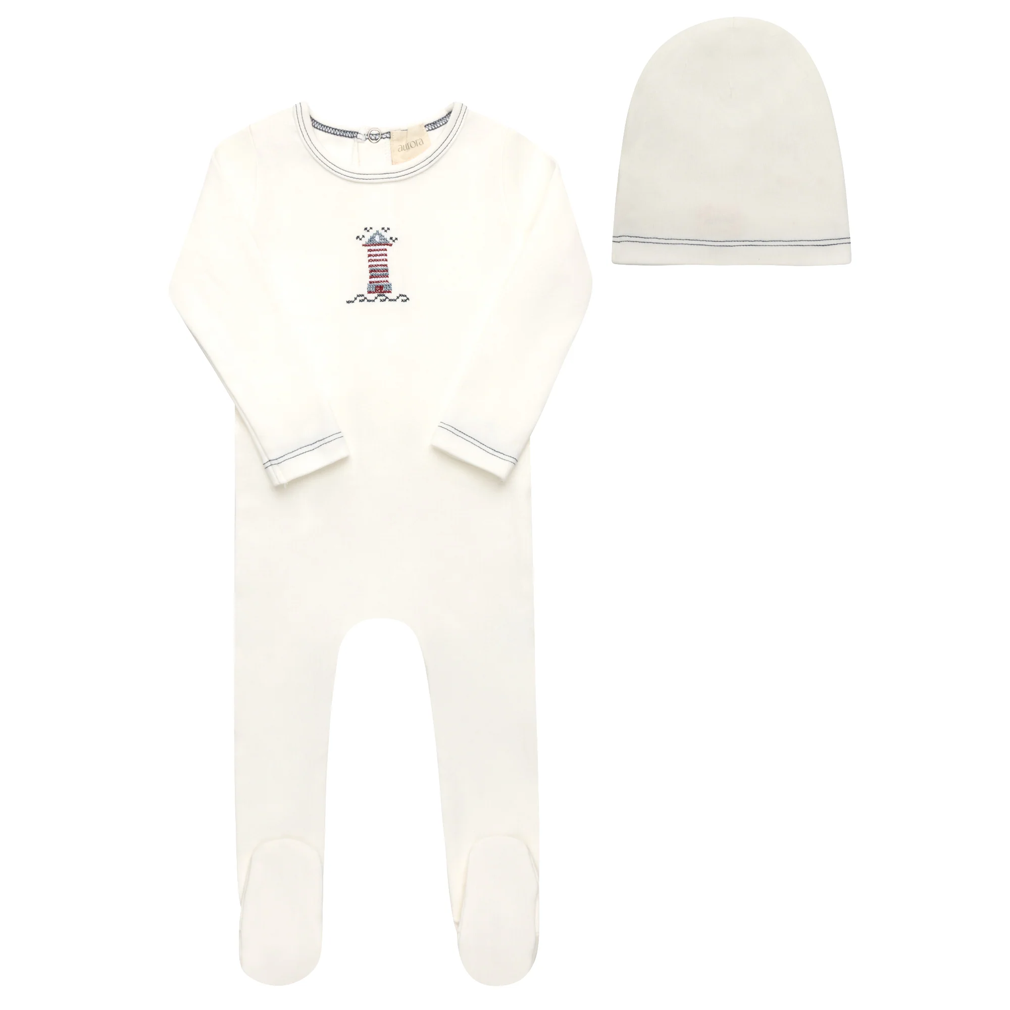 Aurora Cotton Cross Stitch Lighthouse Collection Footie And Beanie - Ivory/Blue