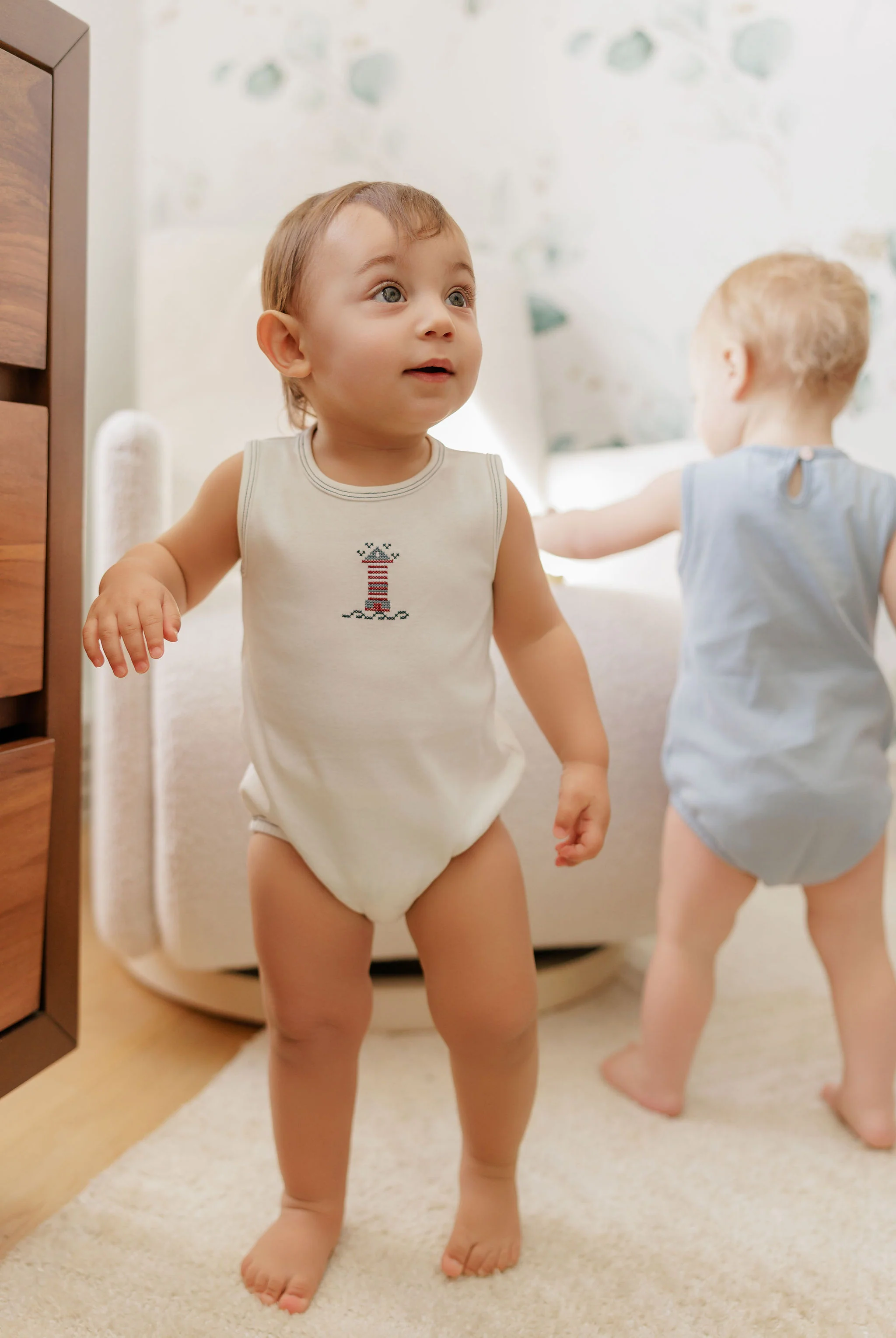 Aurora Cotton Cross Stitch Lighthouse Collection Romper - Ivory/Blue - Image 3