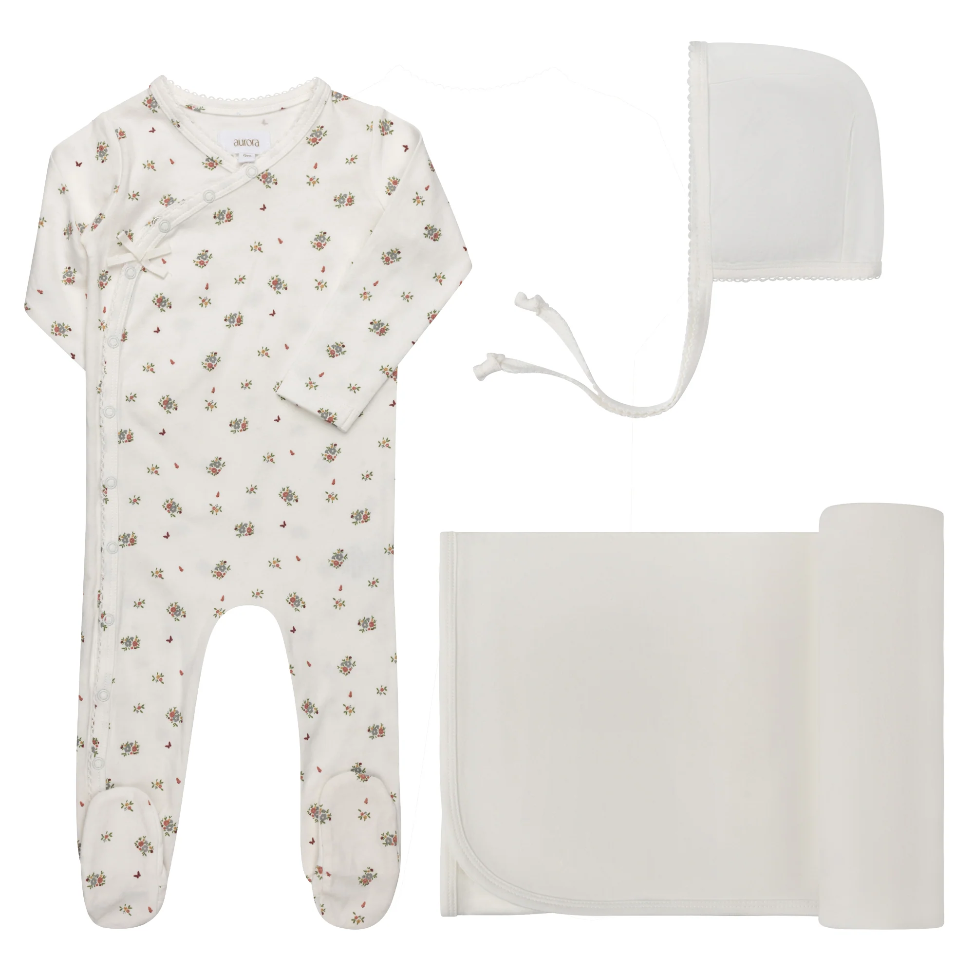 Aurora Jersey Cotton Floral Print Collection Layette Set - Ivory/Pink