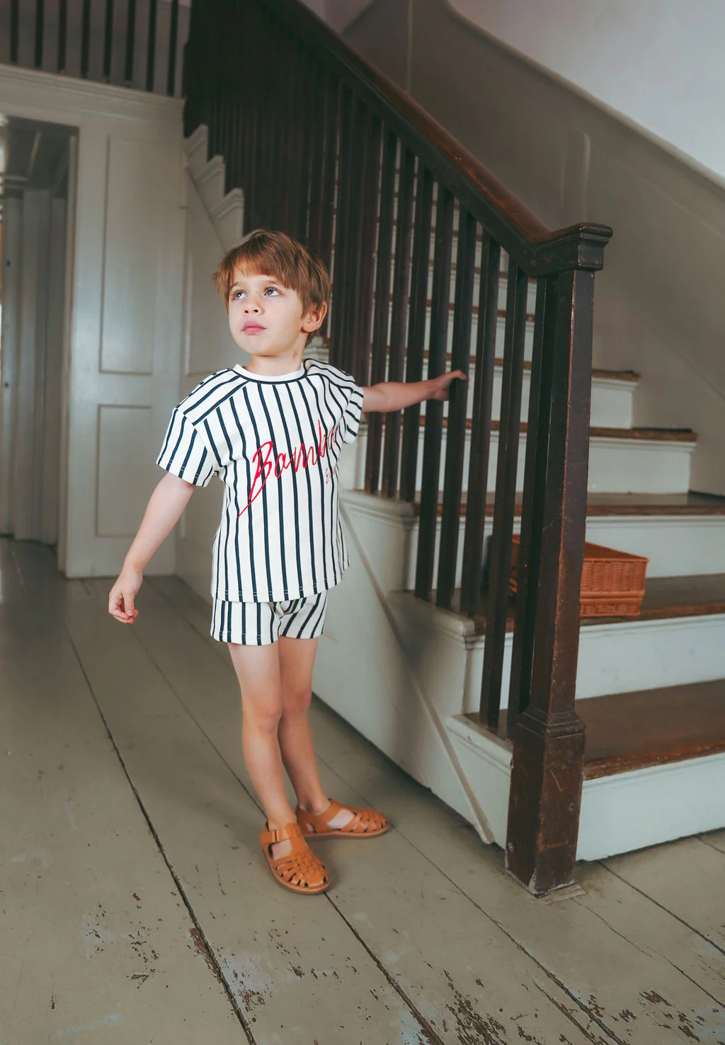 Bamboo Script Striped T-shirt Set - Navy
