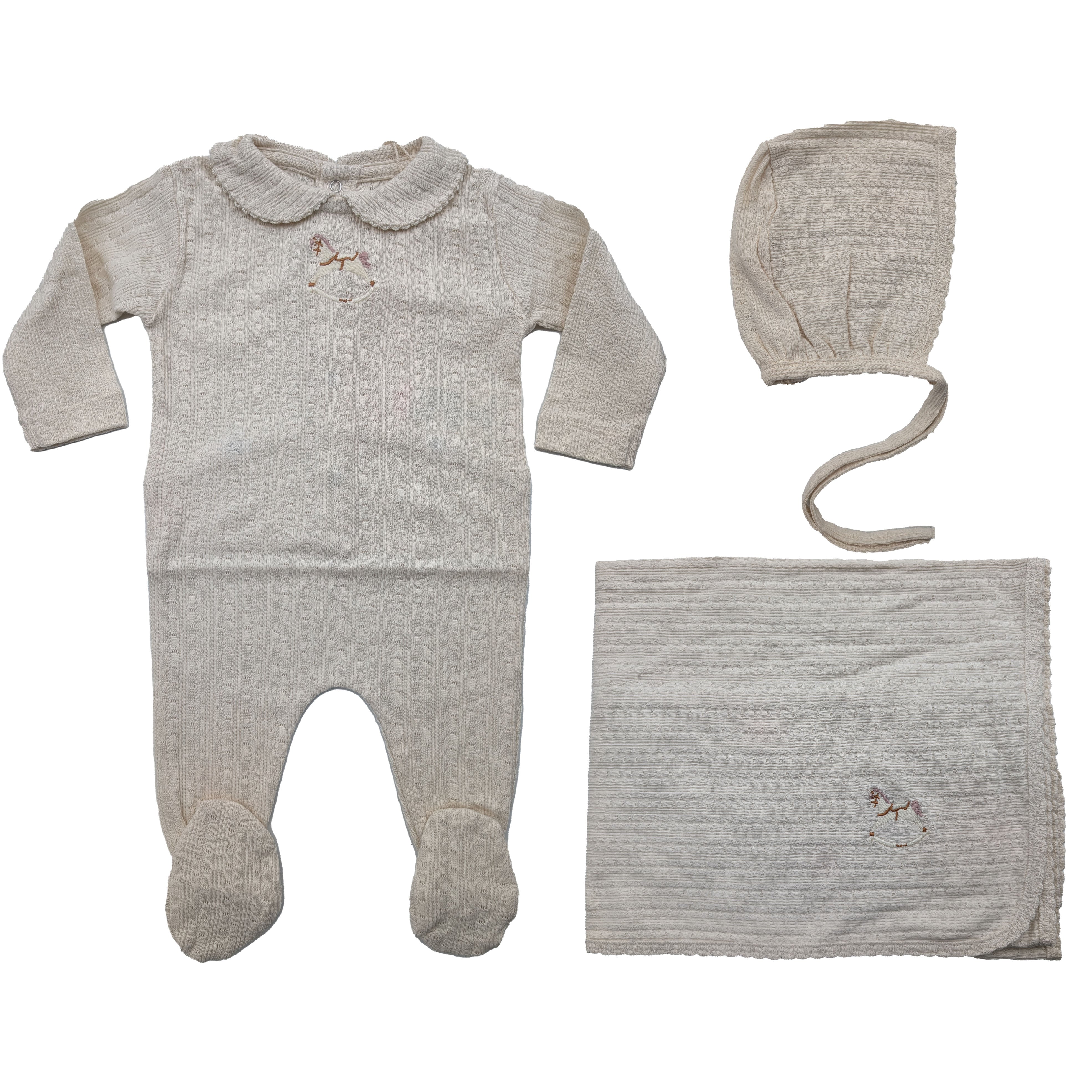 Bebe Organic Horse Natural Pointelle 3PC Set - Pink Horse