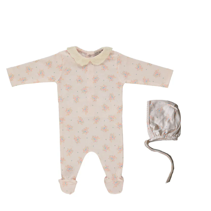 Bebe Organic Marie Collar Overall Footie & Bonnet - Summer Bouquet