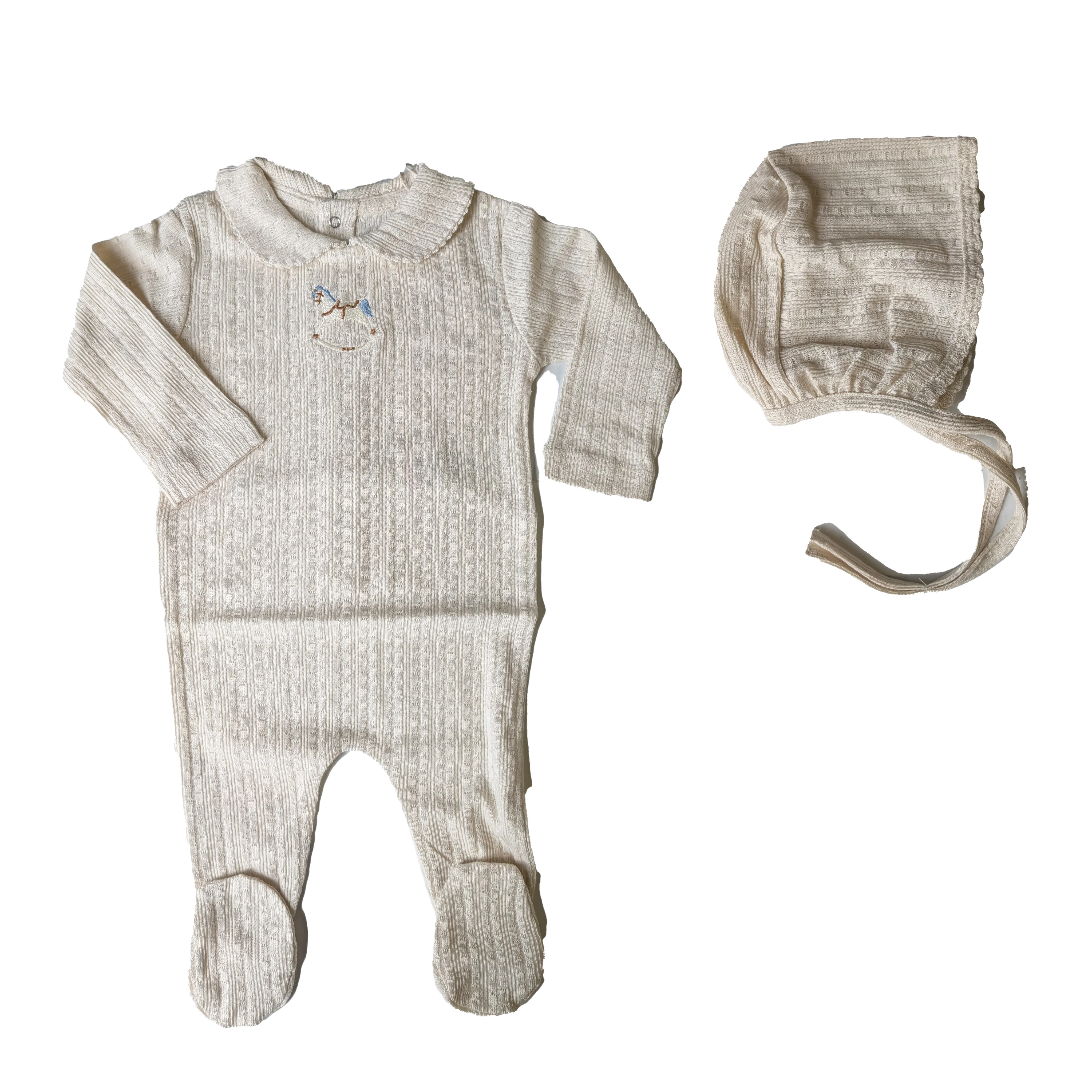 Bebe Organic Rocking Horse Natural Pointelle Overall & Bonnet - Blue Horse