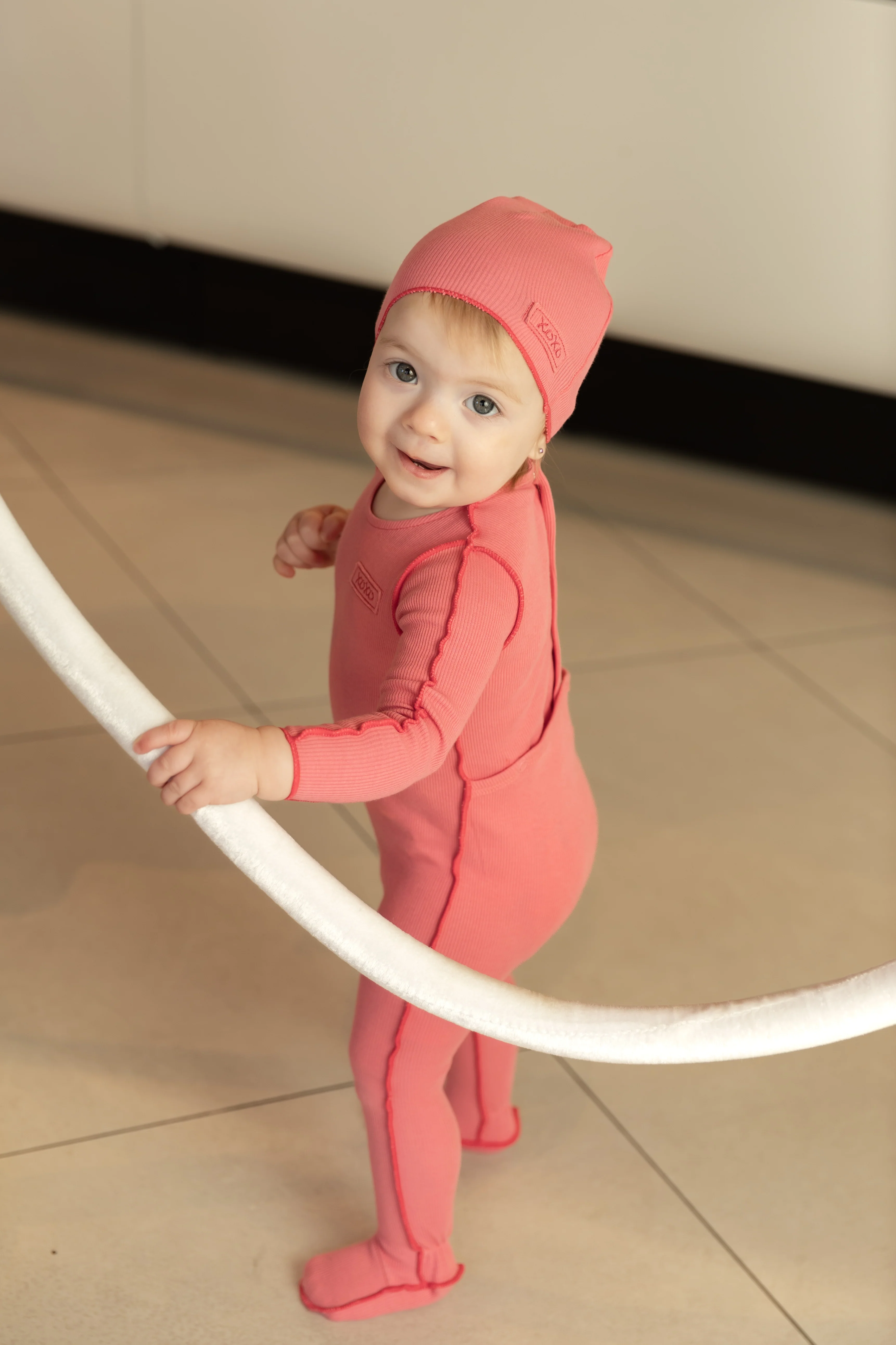Bee And Dee Classic Ribbed Footie & Beanie - Bright Coral - Image 2