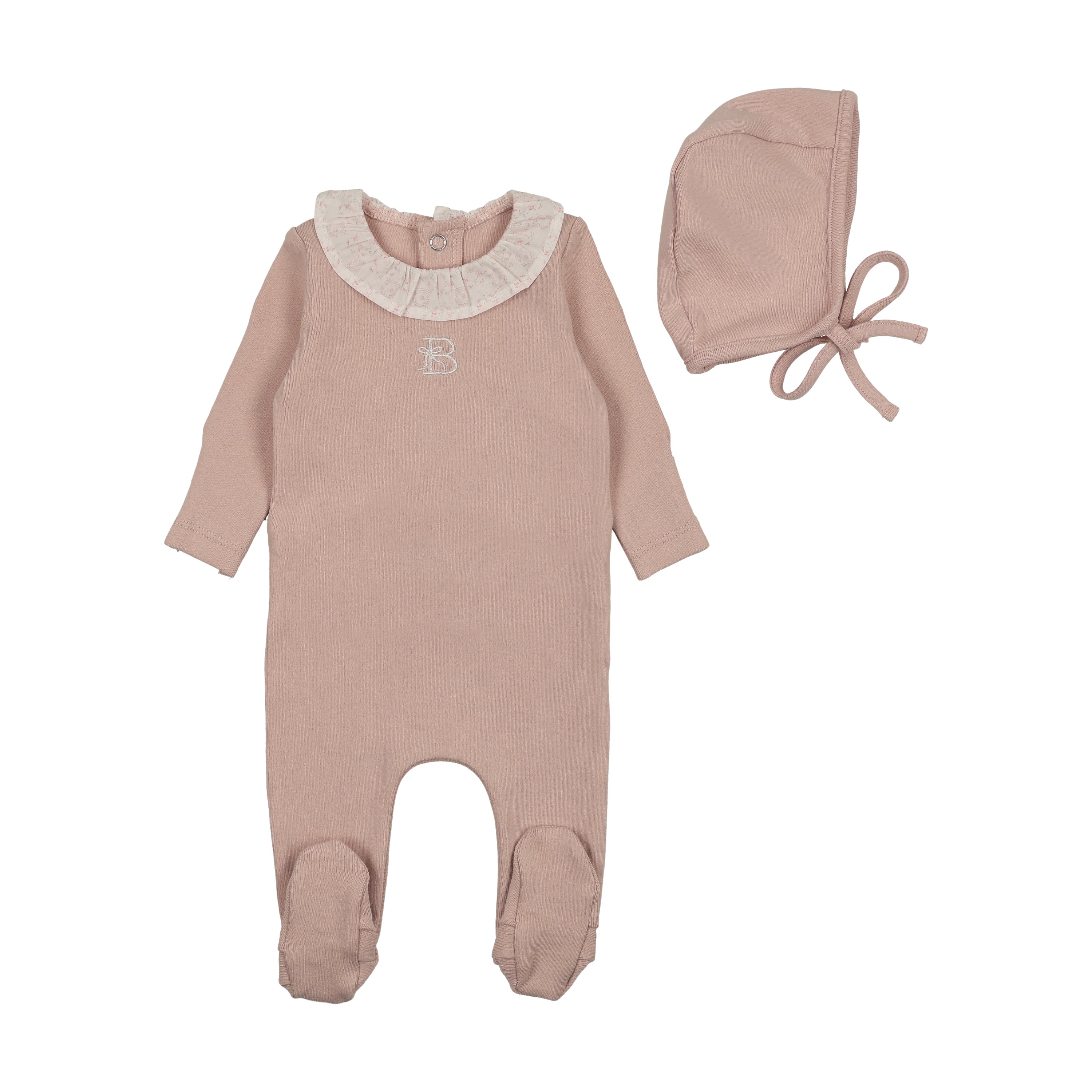 Bee & Dee B Collar Footie And Bonnet - Rose