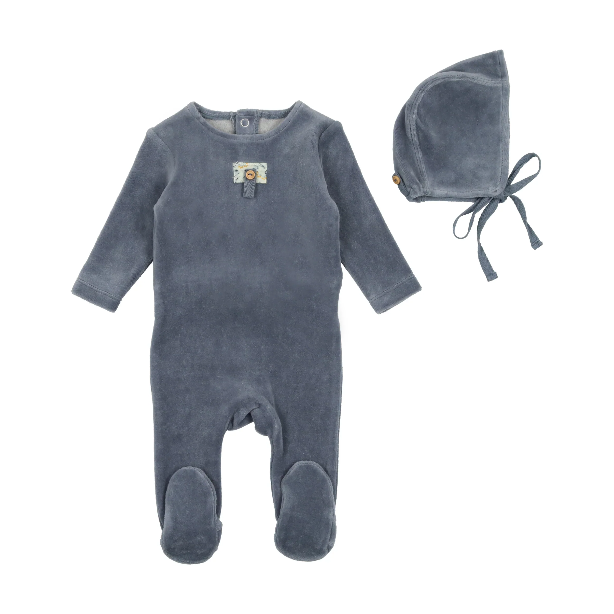Bee & Dee Button Applique Velour Footie with Bonnet-Storm Blue