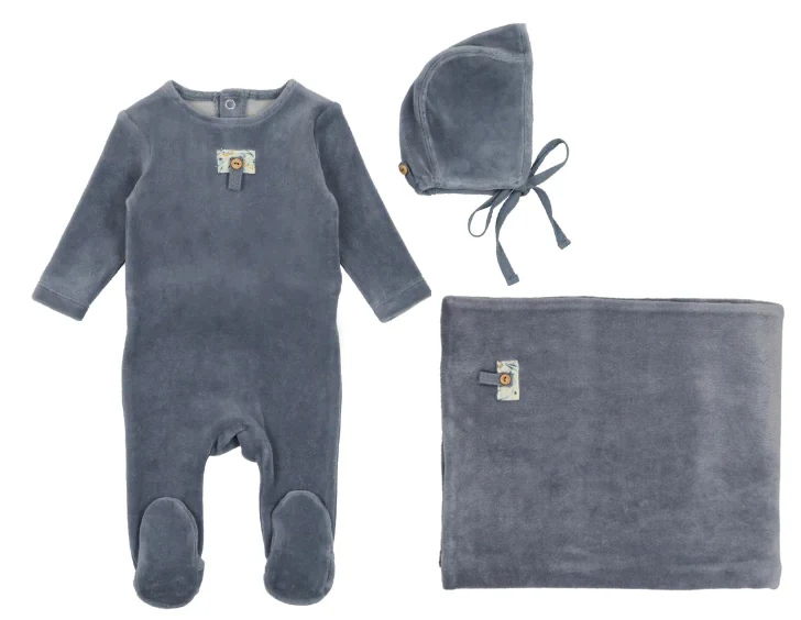 Bee & Dee Button Applique Velour Set-Storm Blue