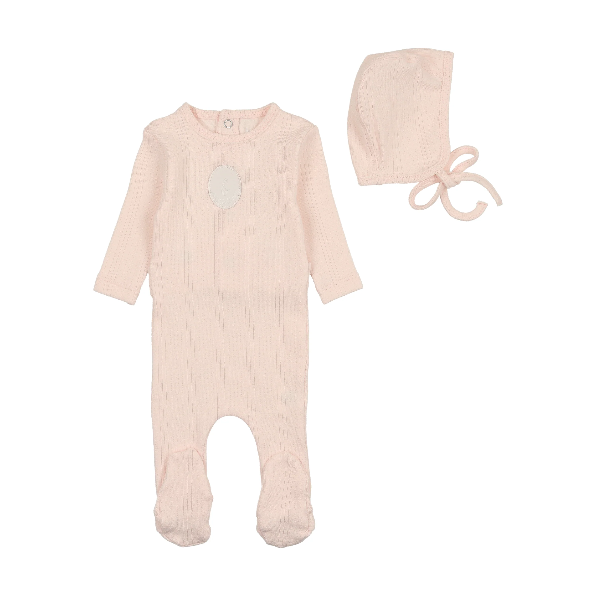 Bee & Dee Pointelle Engraved Plaque Footie/Bonnet - Blossom Pink