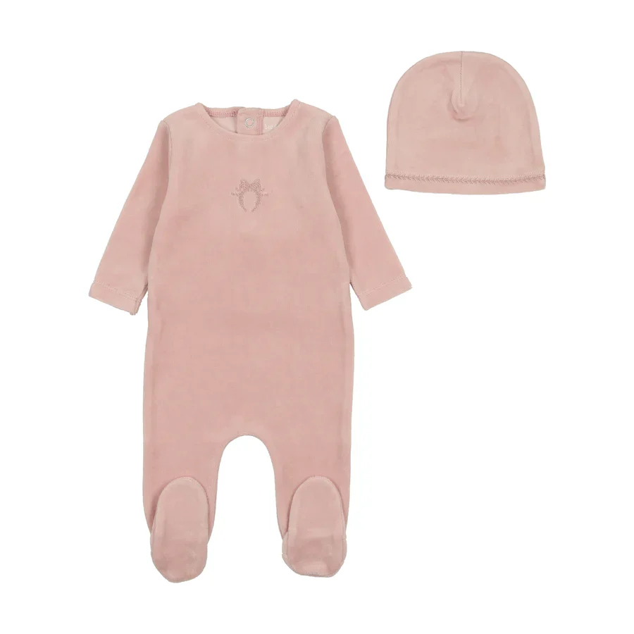 Bee & Dee Classic Velour with Bow Wreath Footie with Beanie - Pink Smoke