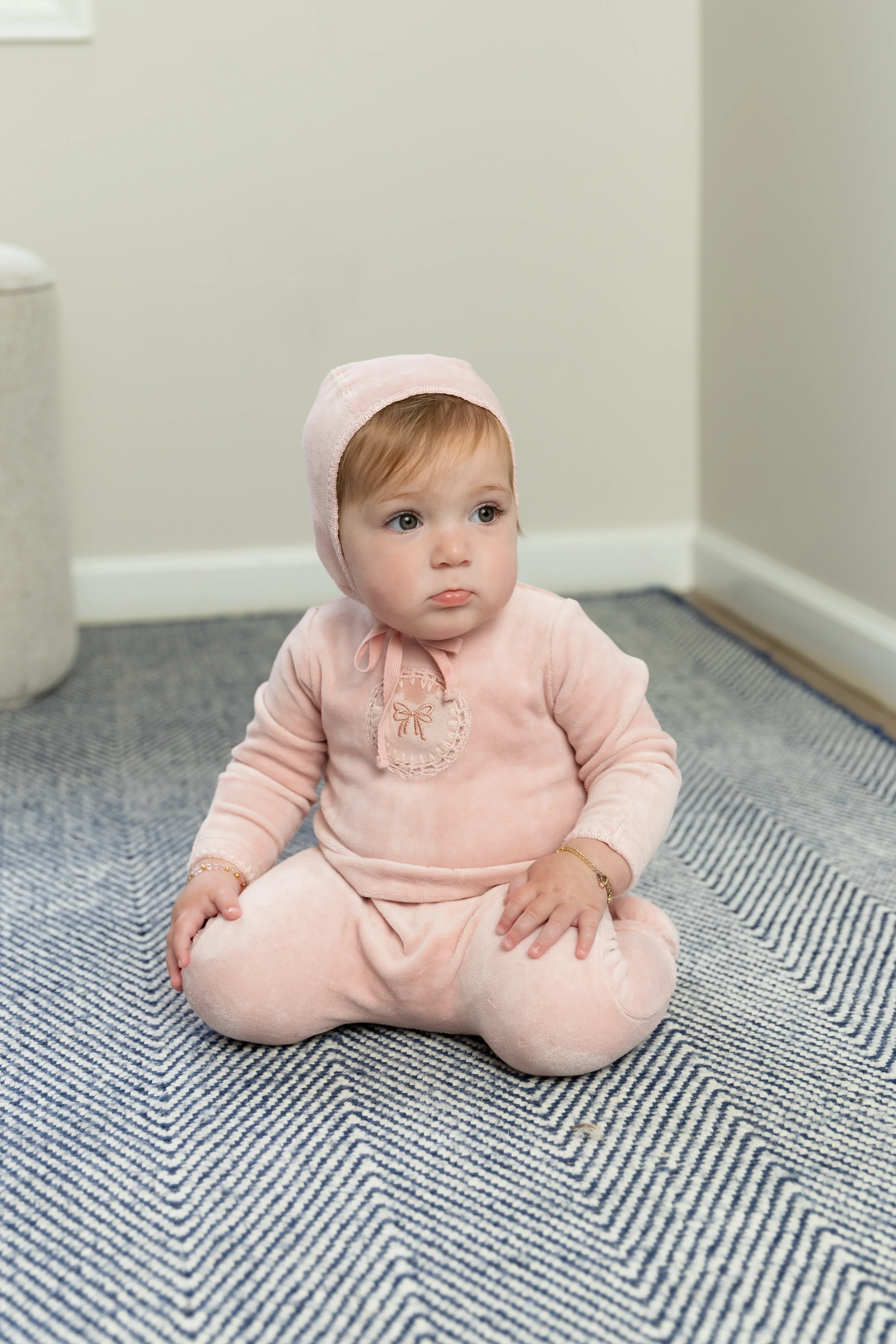 Bee & Dee Crochet Velour Footie And Bonnet - Champagne Pink - Image 2