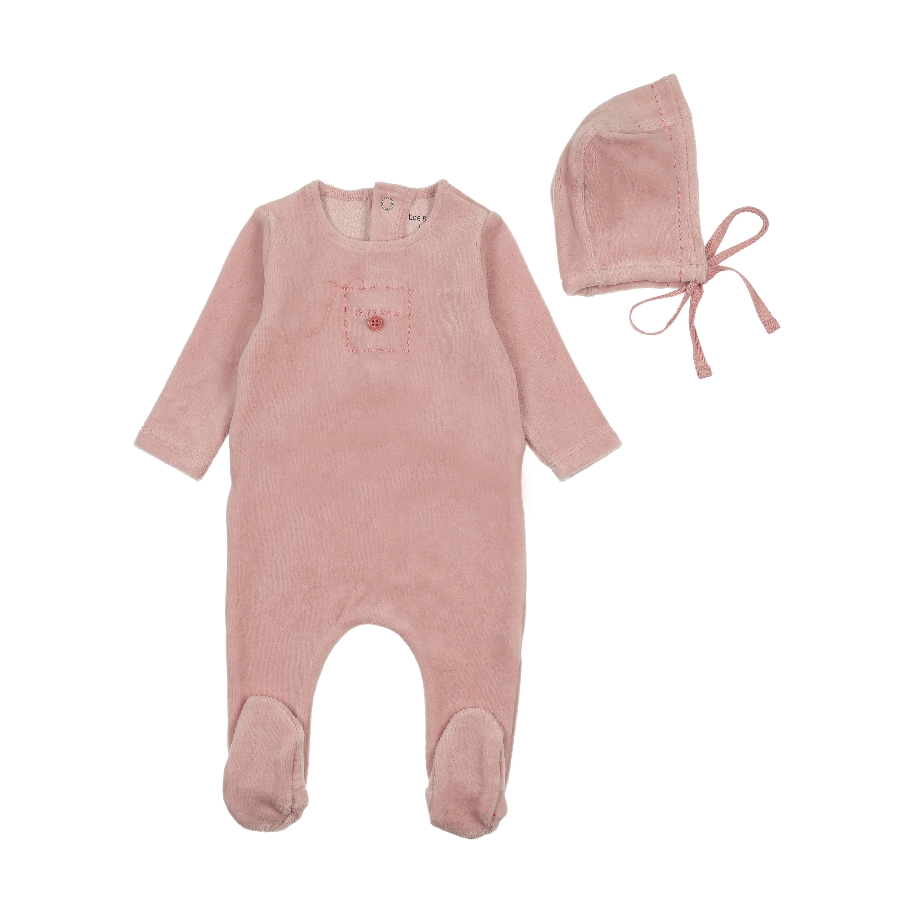 Bee & Dee Cute As A Button Footie And Bonnet - Satin Pink