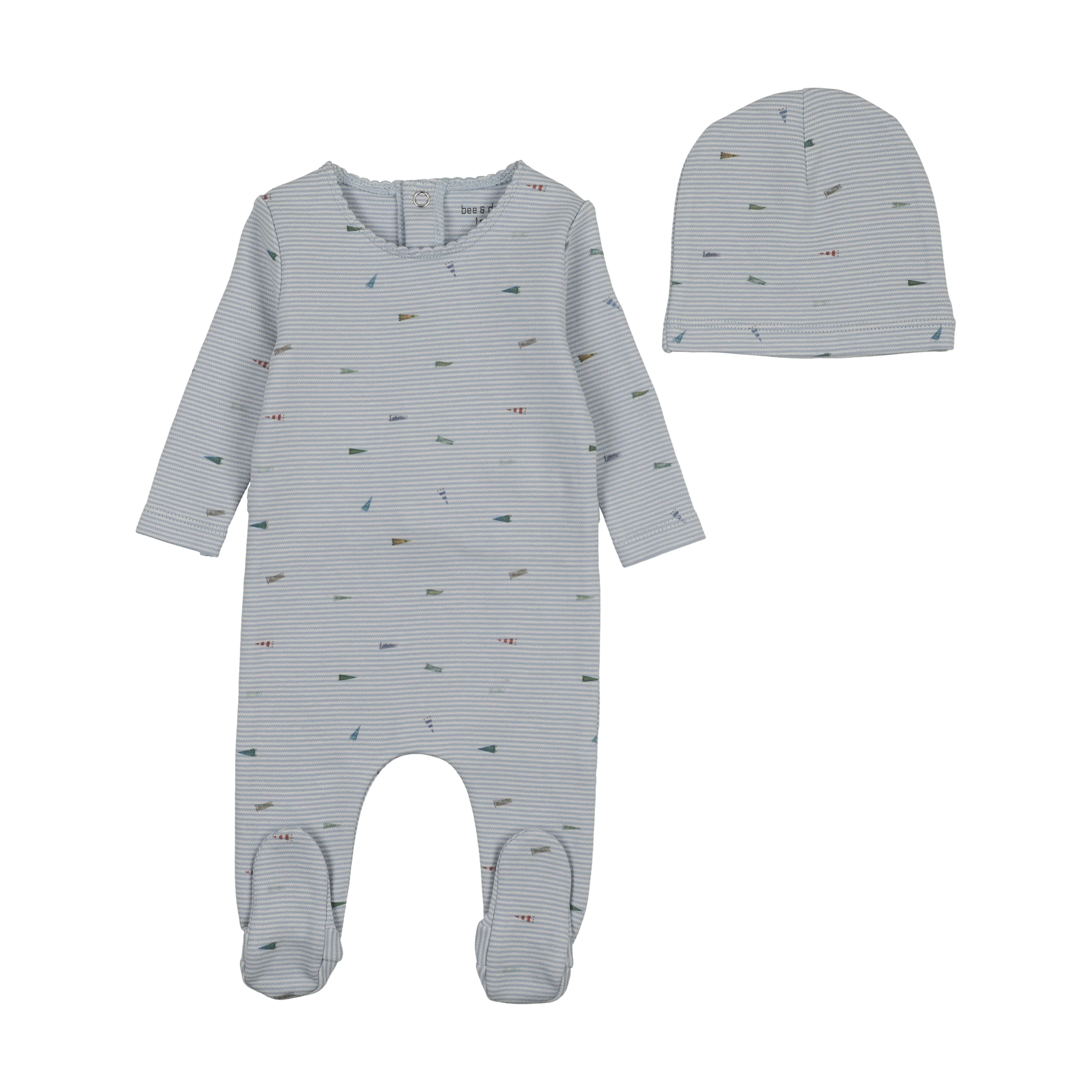 Bee & Dee Flag Print Footie And Beanie - Blue Fog