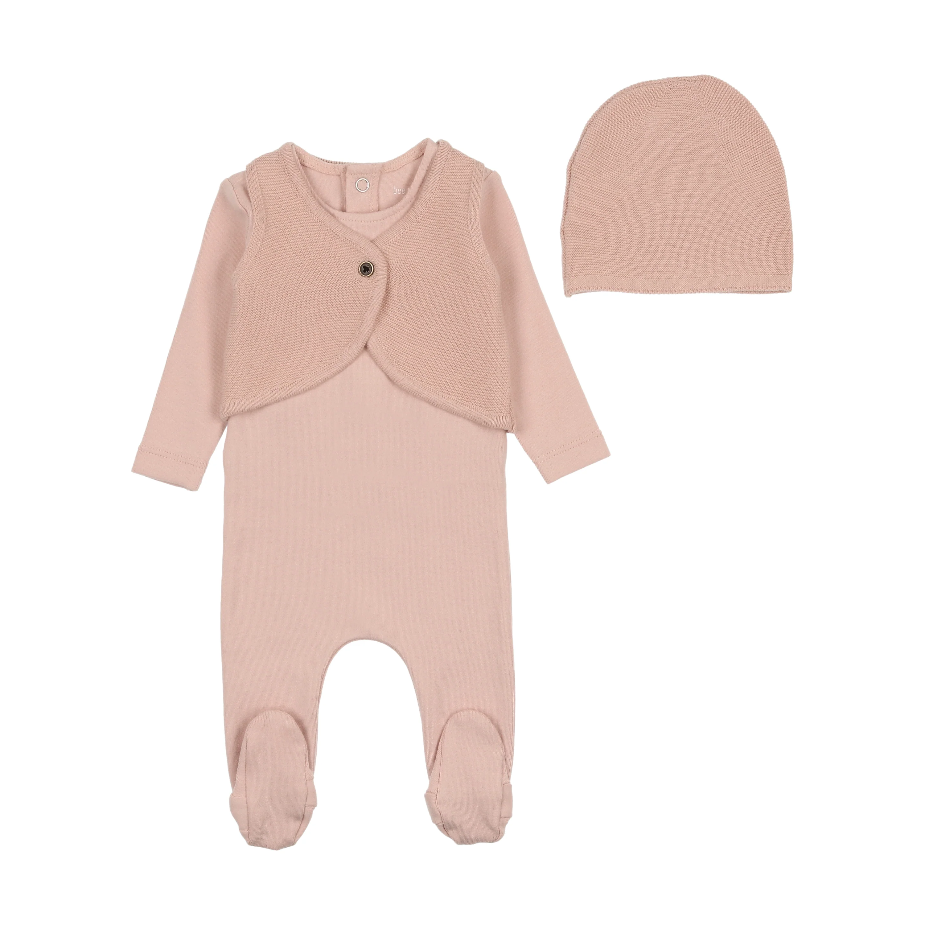 Bee & Dee Knit Applique Footie & Bonnet - Dusty Pink