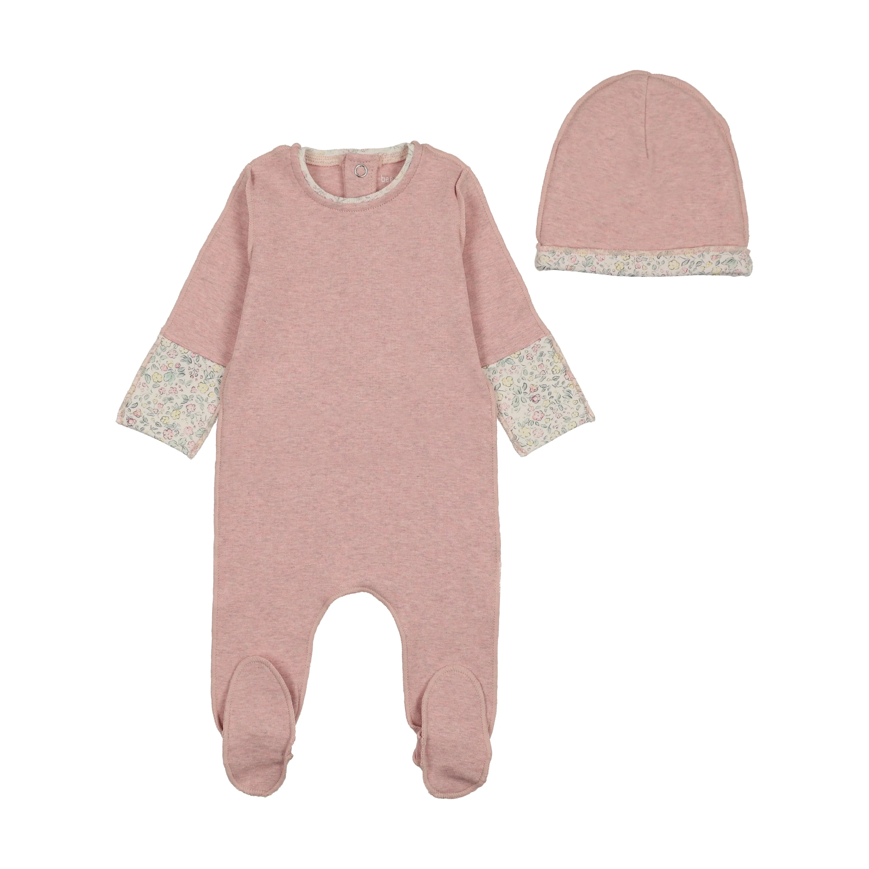 Bee & Dee Lemon Print Cuffs Footie And Beanie - Heathered Pink