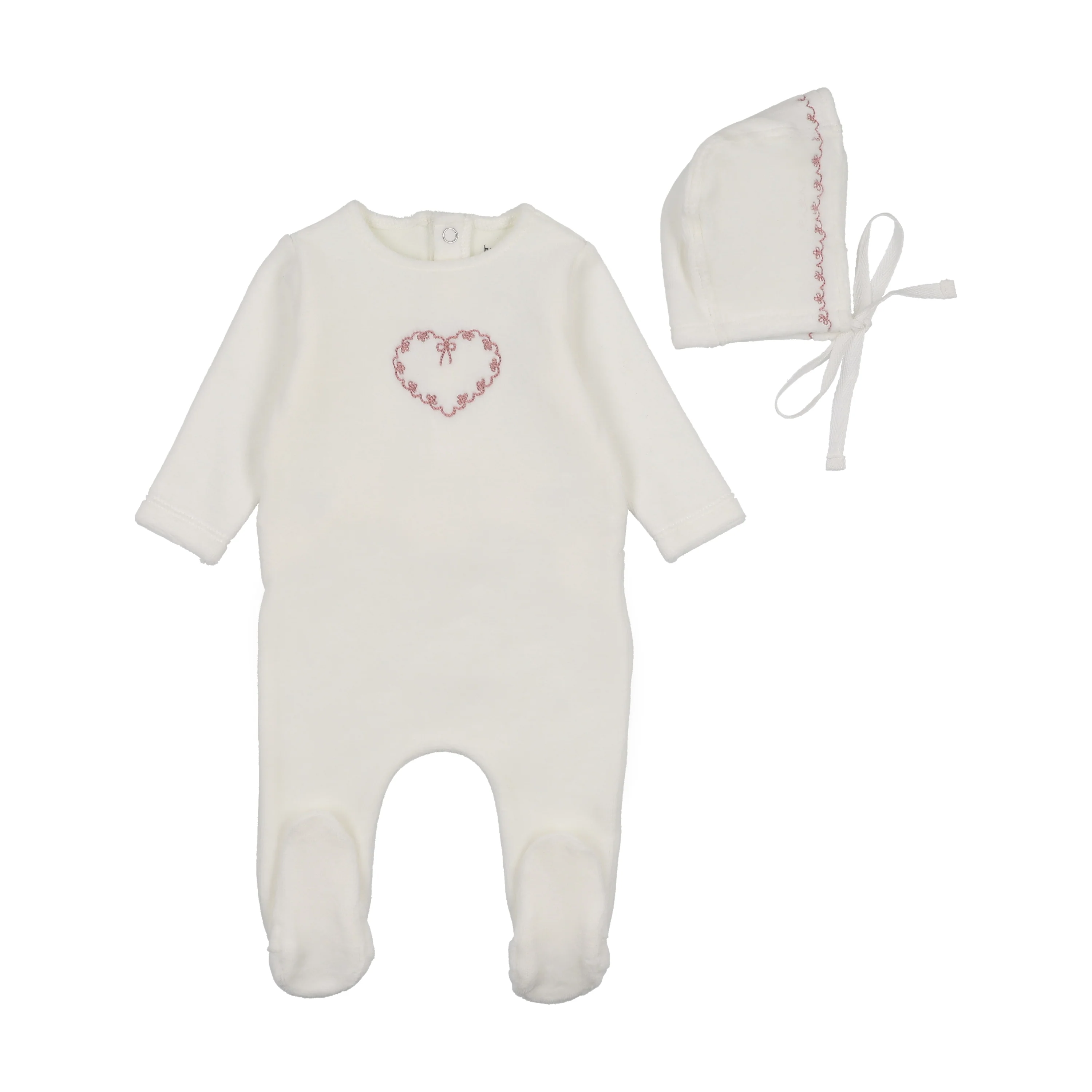 Bee & Dee Lovely Loops Velour Footie And Bonnet - Chalk White Girls