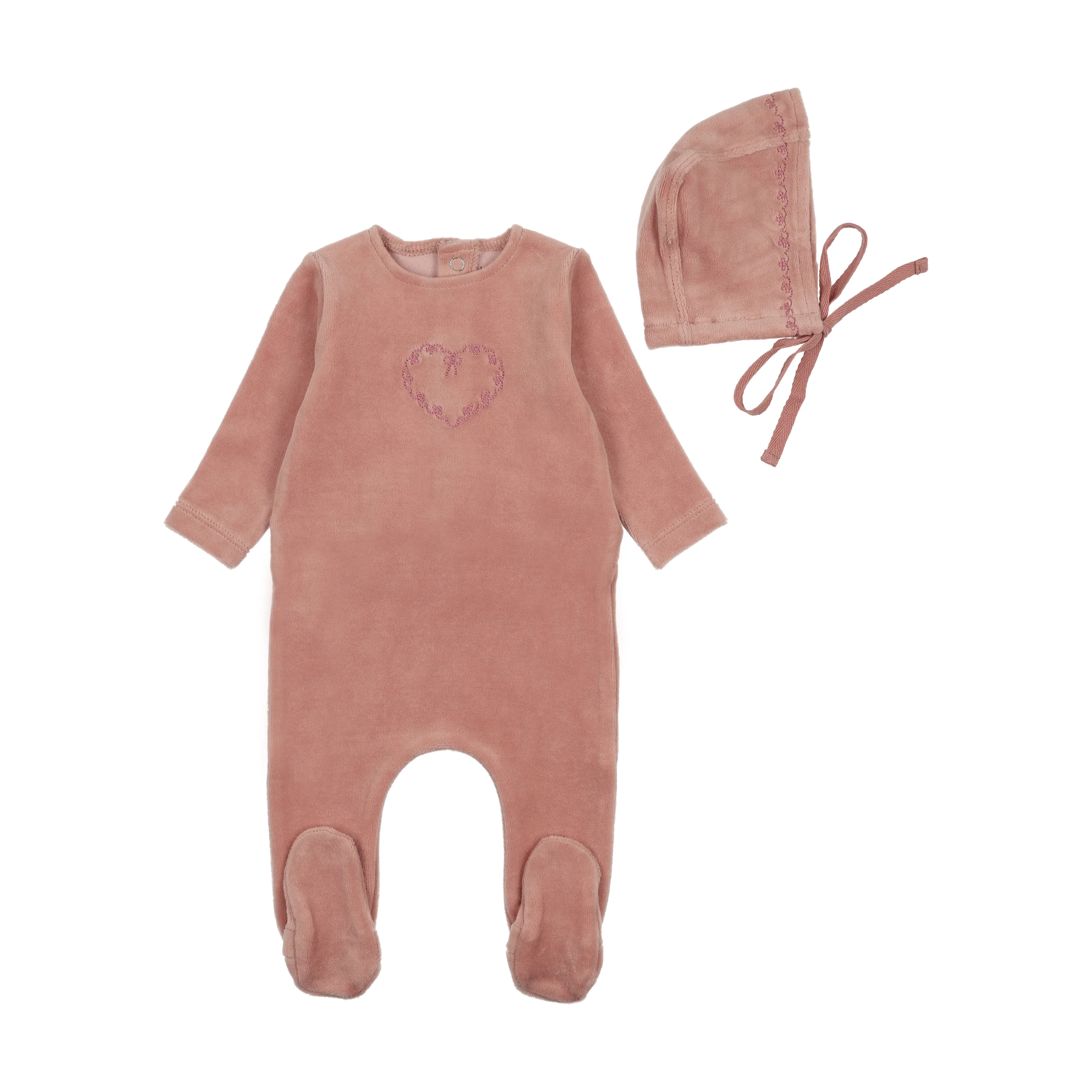 Bee & Dee Lovely Loops Velour Footie And Bonnet - Rose