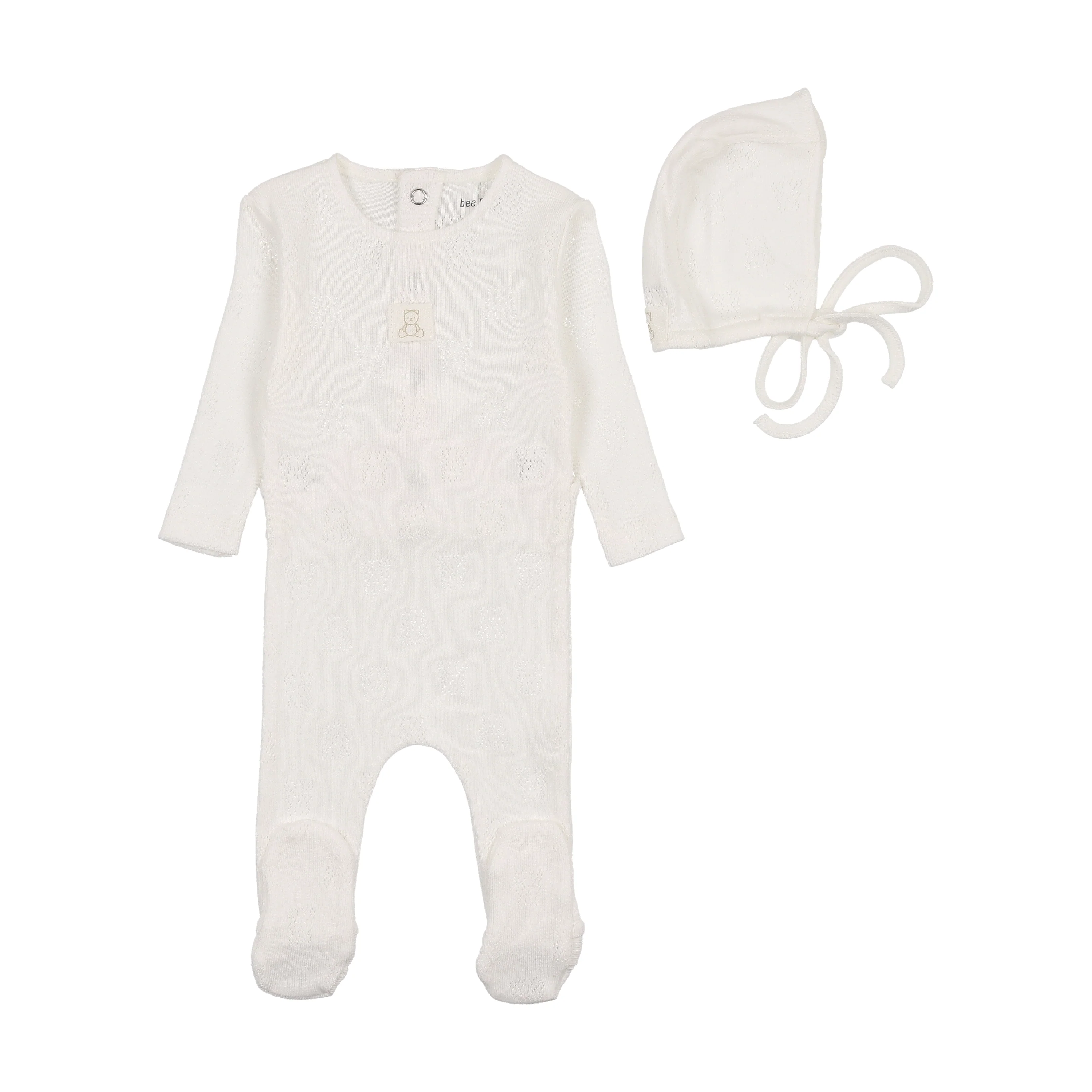 Bee & Dee Petit Ours Pointelle Footie & Bonnet - Chalk White