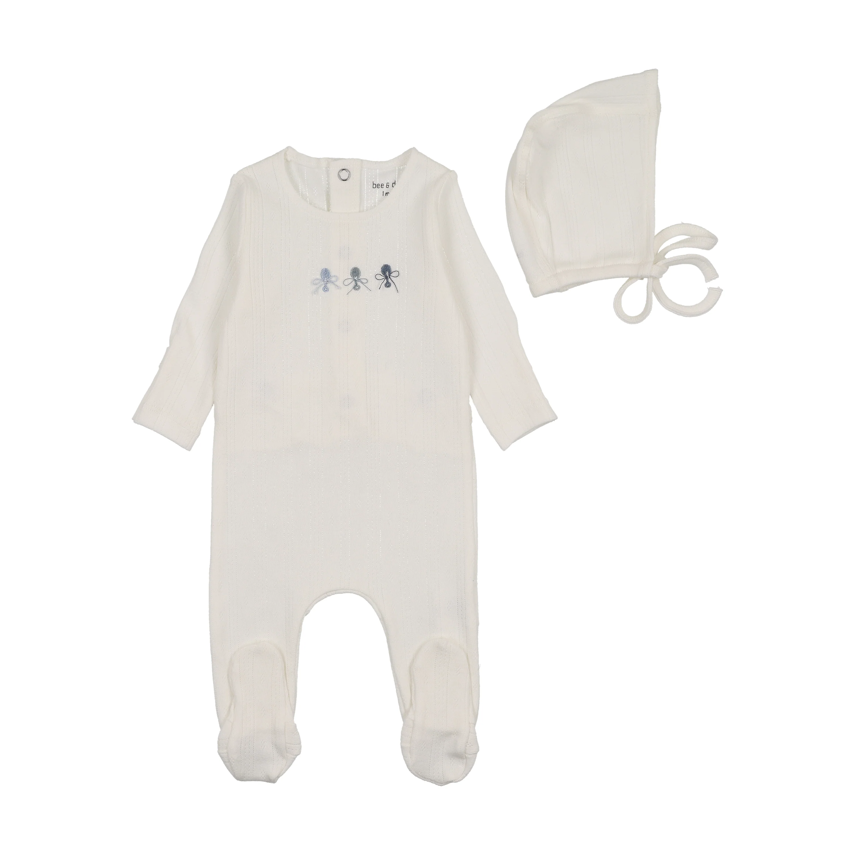 Bee & Dee Rattles Pointelle Footie And Bonnet - Chalk White Boys