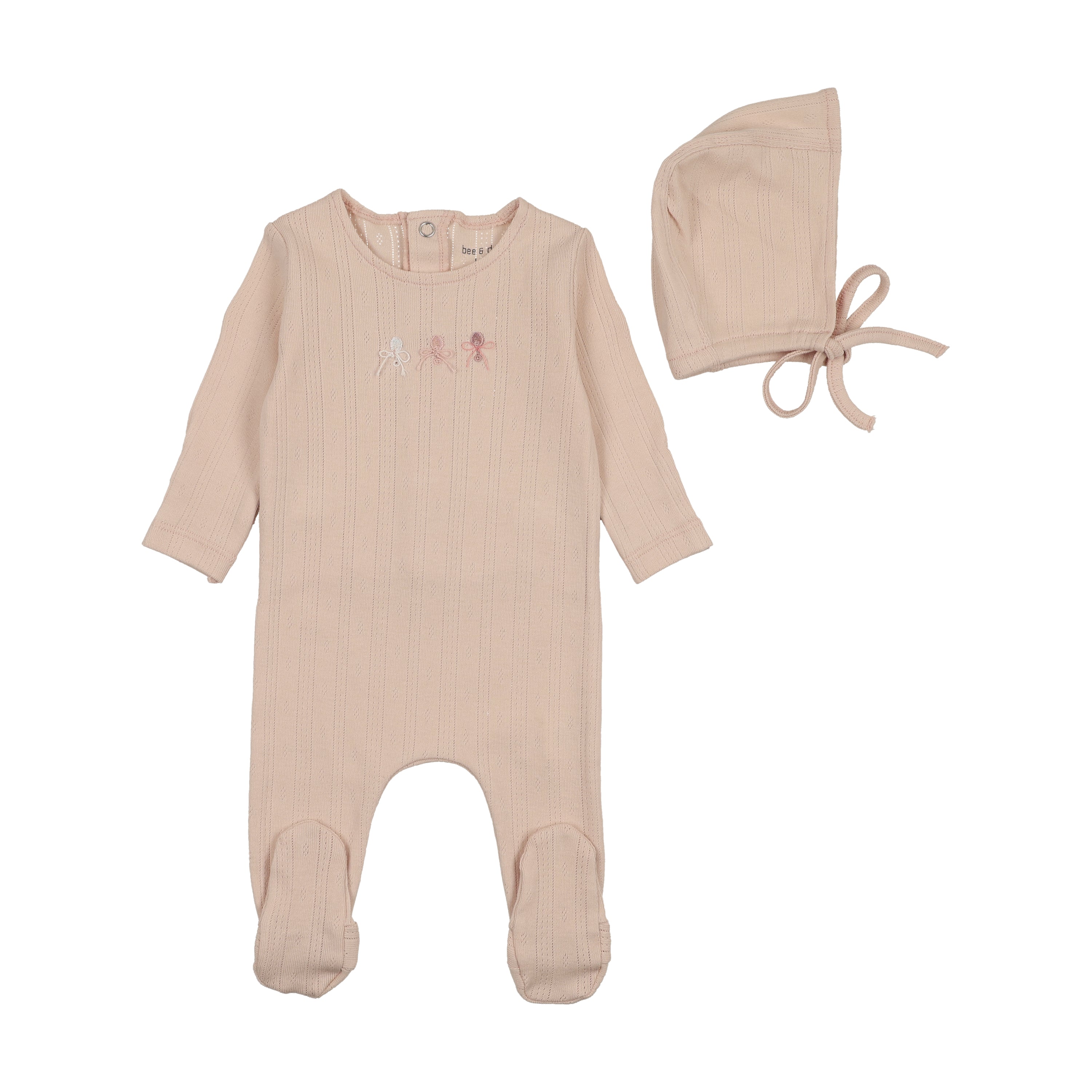 Bee & Dee Rattles Pointelle Footie And Bonnet - Pastel Pink