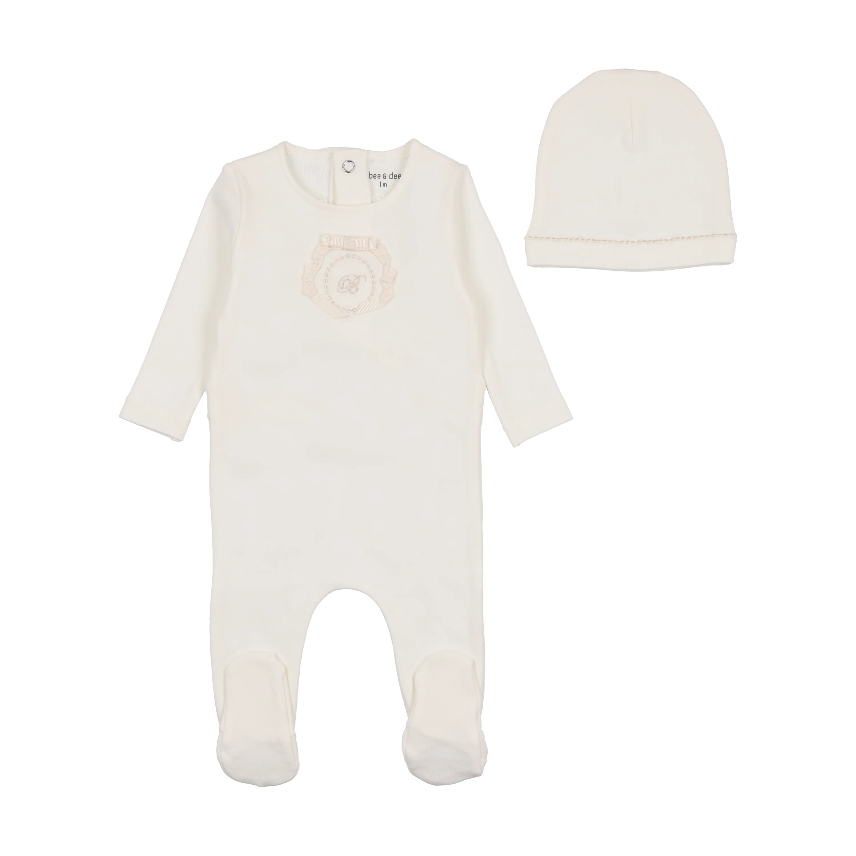 Bee & Dee Ribbon Applique Footie & Beanie - Chalk White