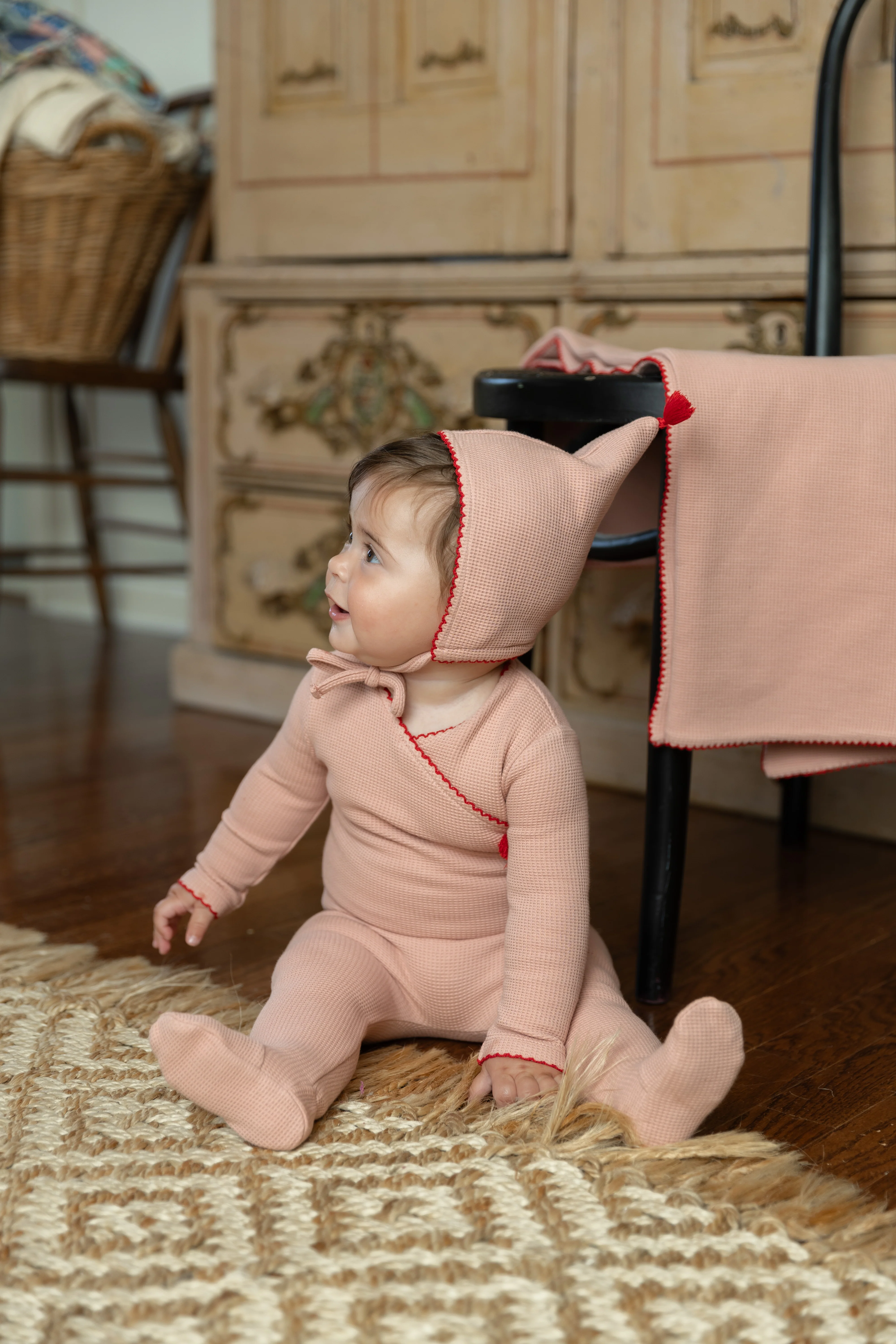 Bee & Dee Waffle Wrap  Footie with Beanie - Creme Pink - Image 2