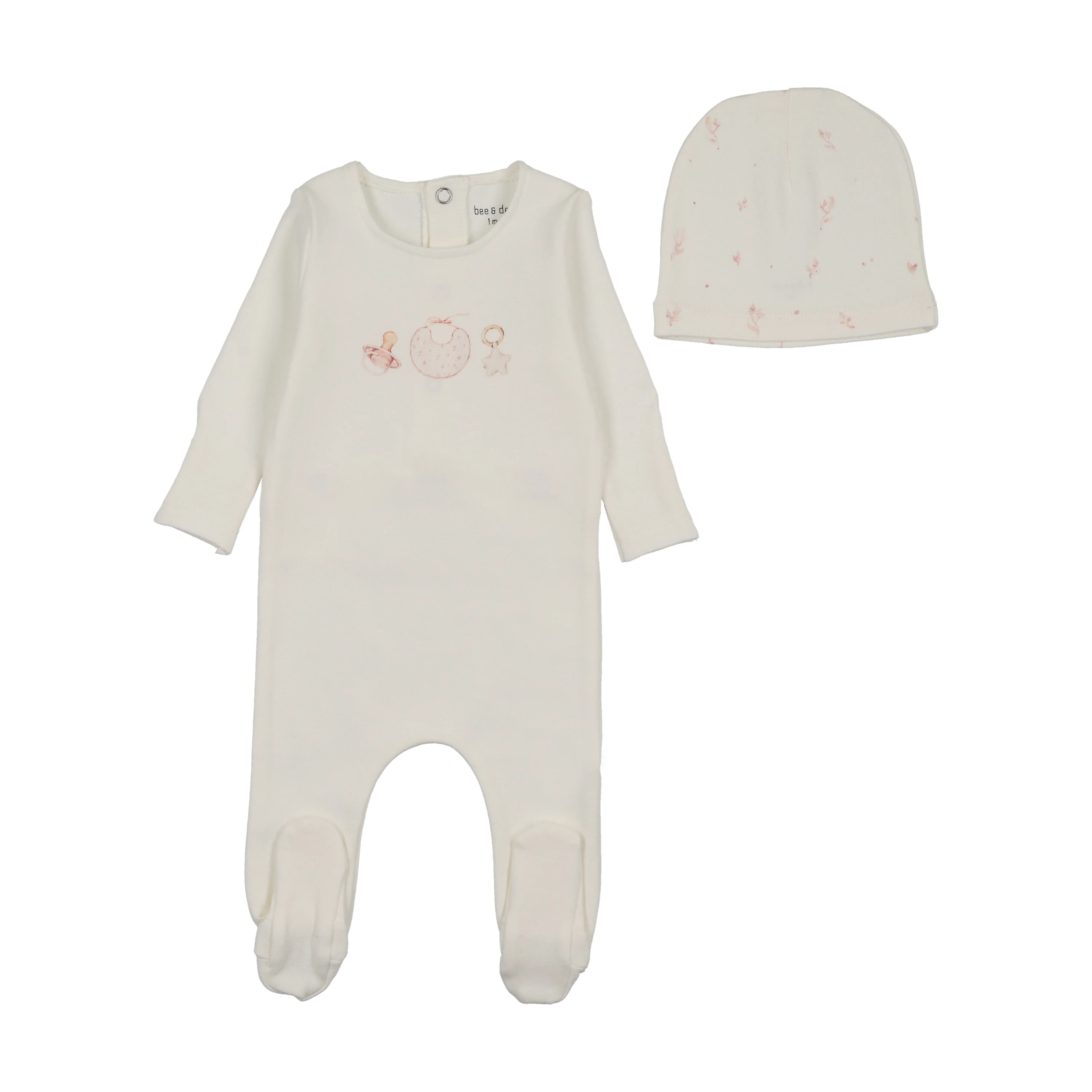 Bee & Dee Watercolor Bib Footie And Beanie - White Girls