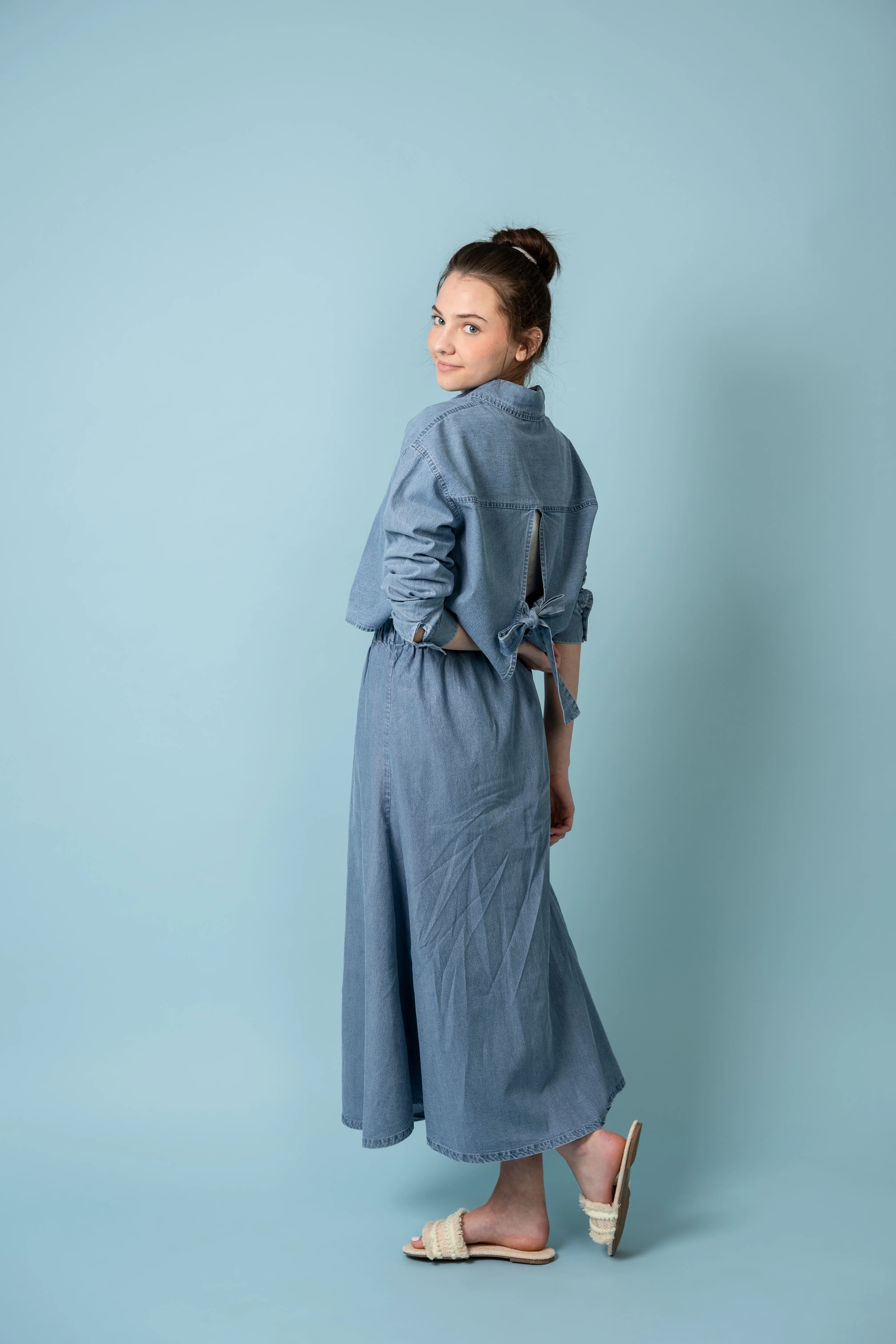 Birnham On The Sea Teen Bow Shirt - Stonewash Denim - Image 4