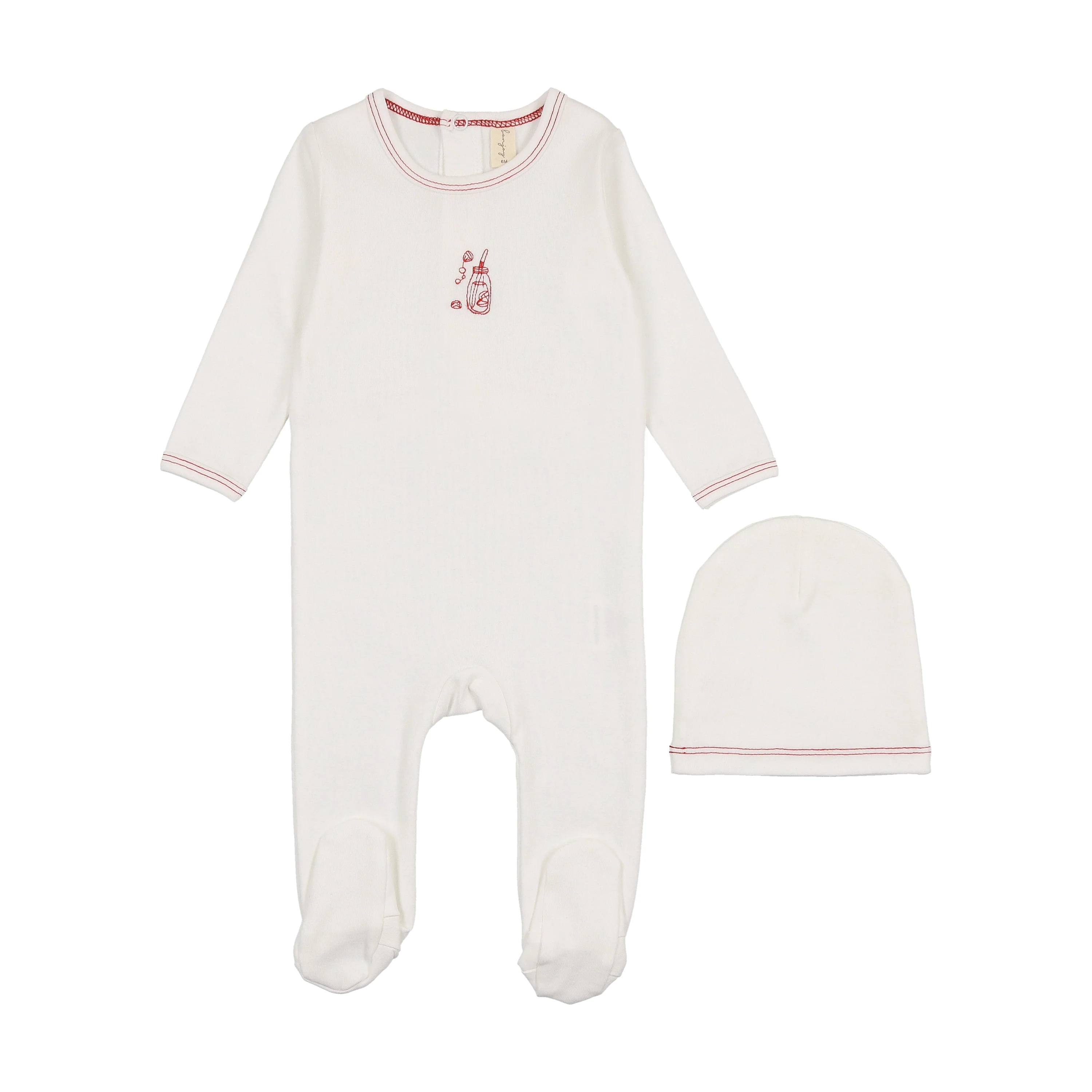 Bonjoy Embroidered Lemonade Footie & Beanie - Ivory/Red