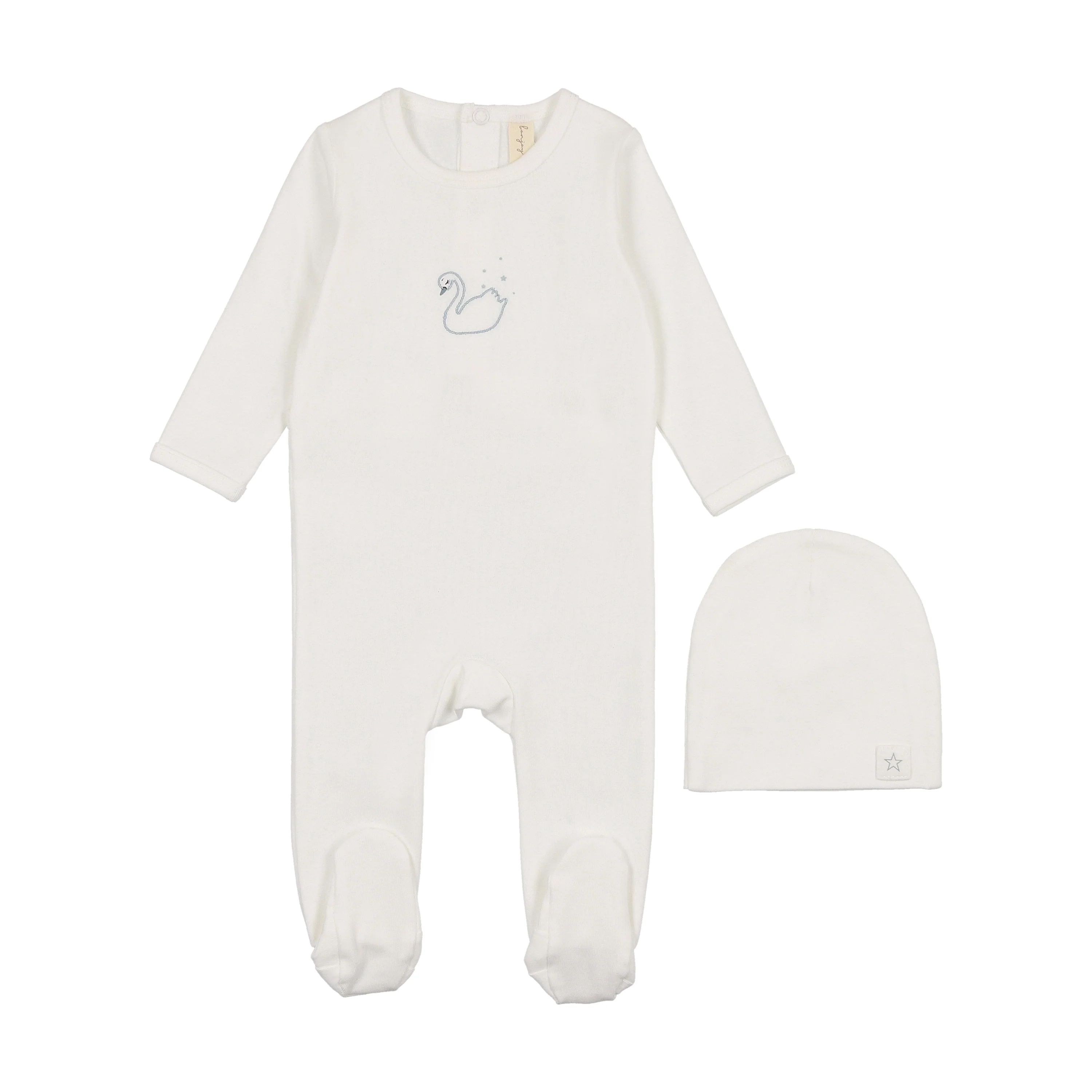 Bonjoy Printed Swan Footie & Beanie - Ivory/Blue