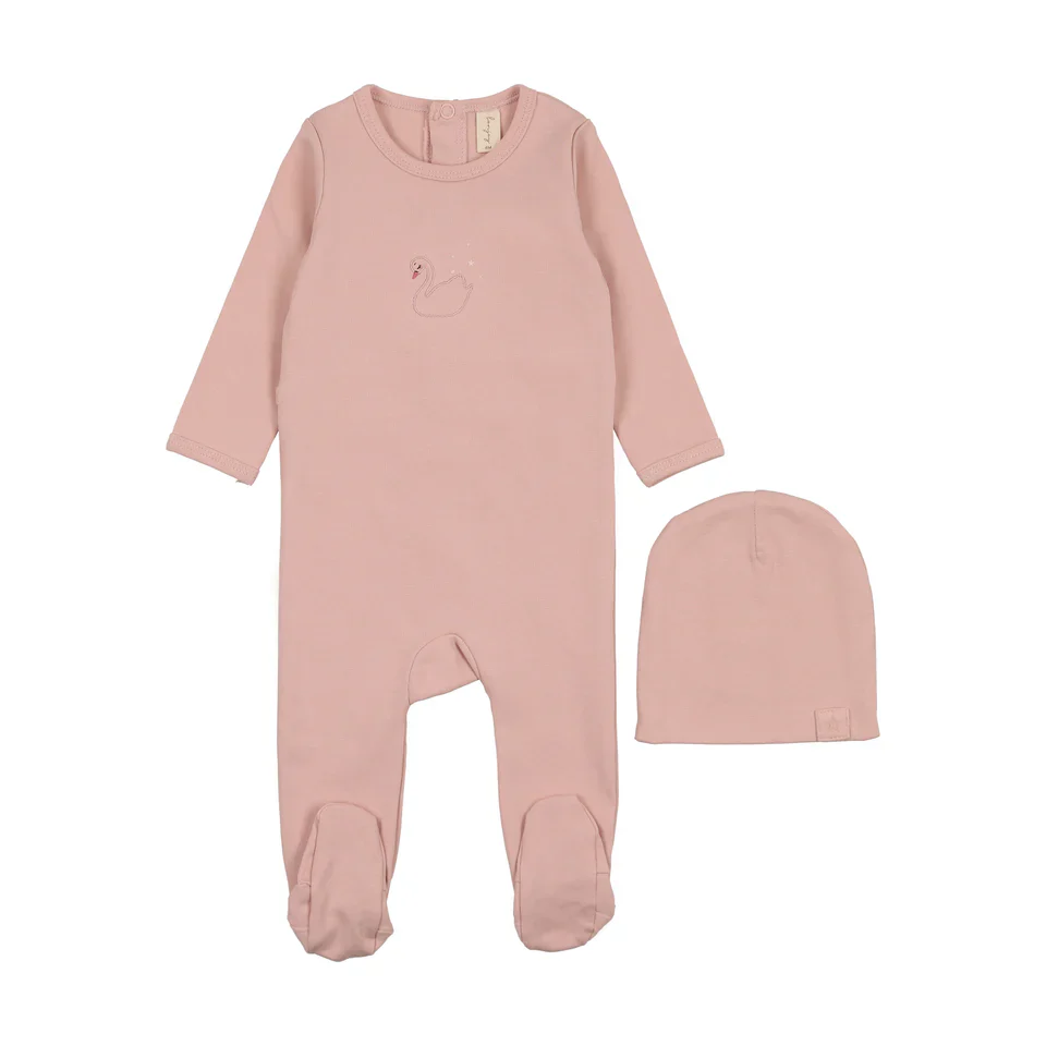 Bonjoy Printed Swan Footie & Beanie - Pink