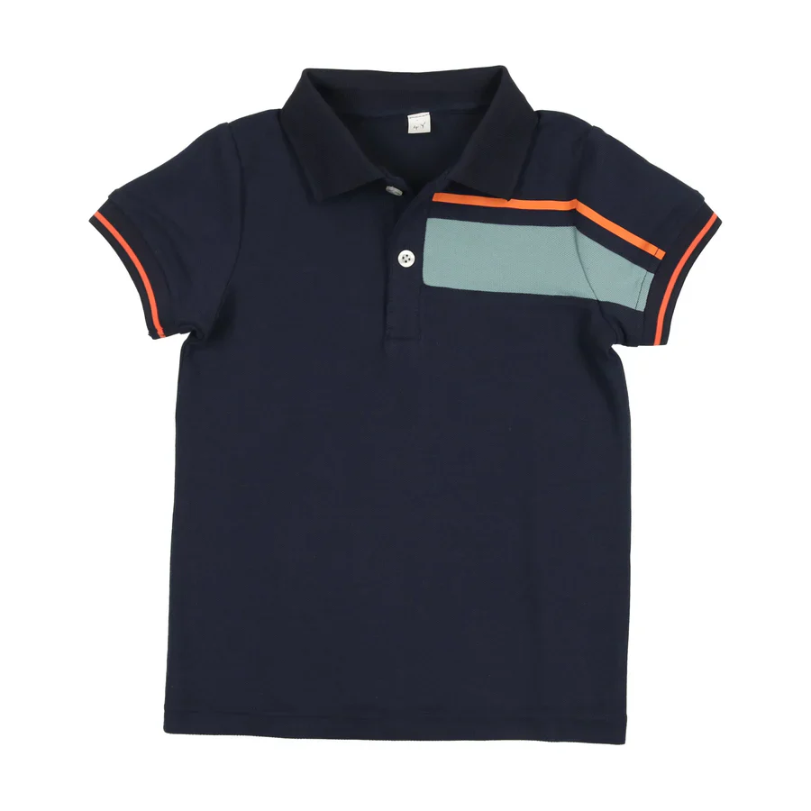 Bopop  Lt Blue and Orange Block Boys Polo LONG SLEEVE - Navy