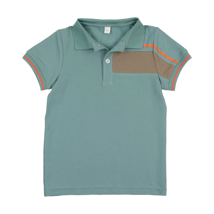 Bopop Taupe/Orange Block Boys Polo LONG SLEEVE - Lt Blue