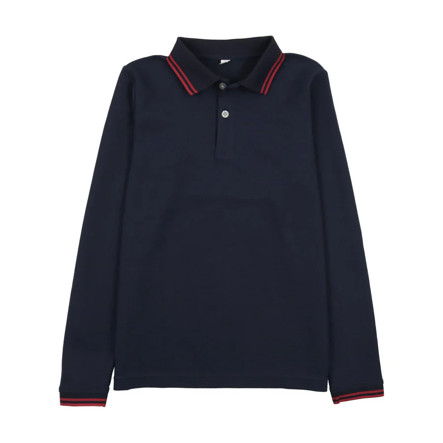 Bopop Red Stripe Boys Polo LONG SLEEVE - Navy