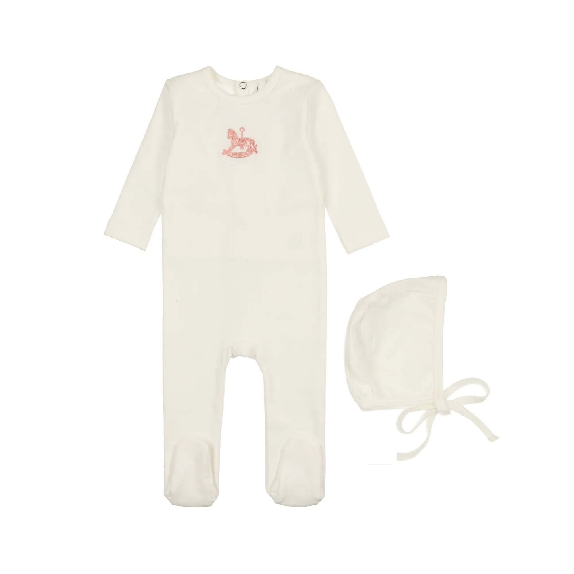 Bopop Rocking Horse Embroidered Footie & Beanie - White & Pink
