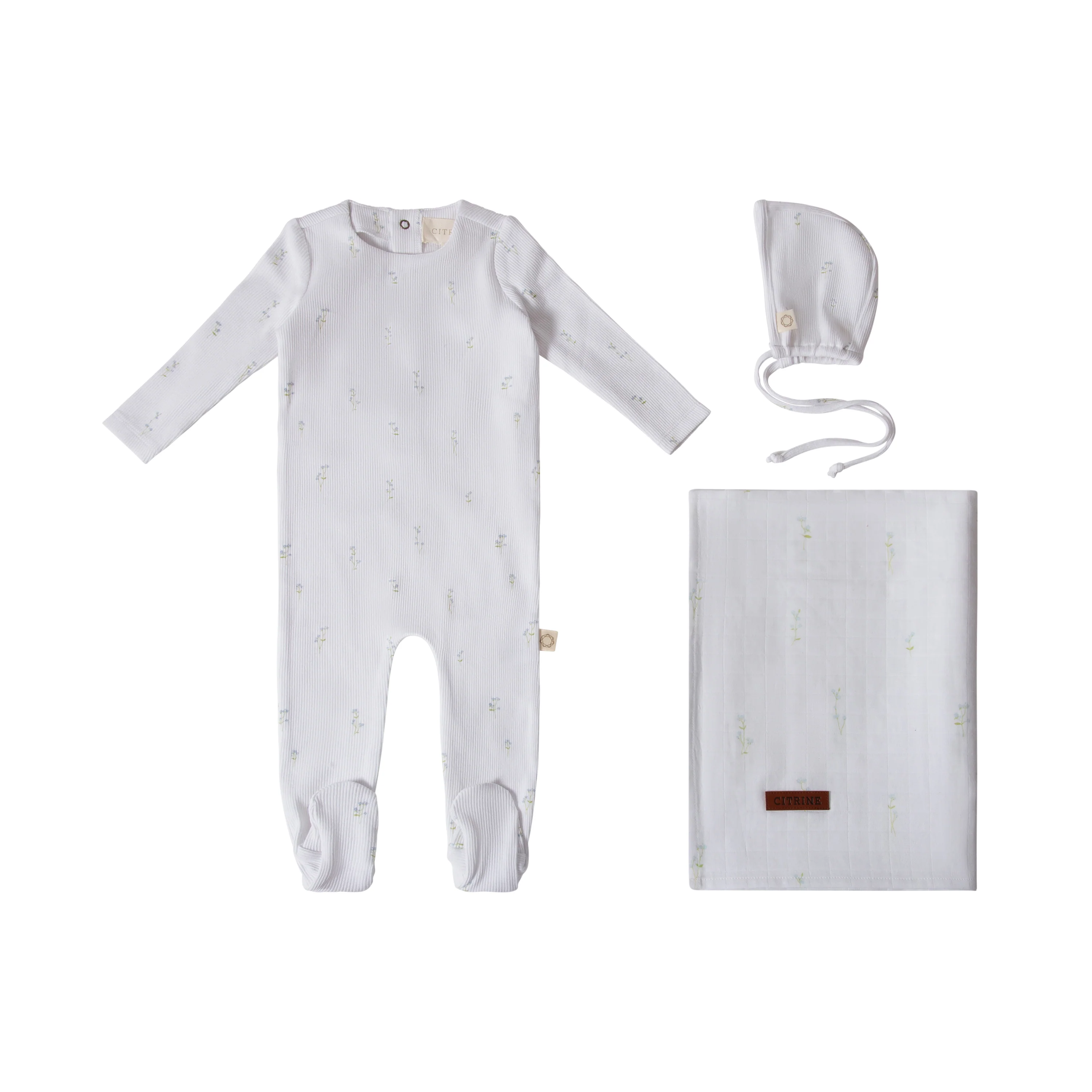 Citrine Stem Flower Layette Set - Blue/White