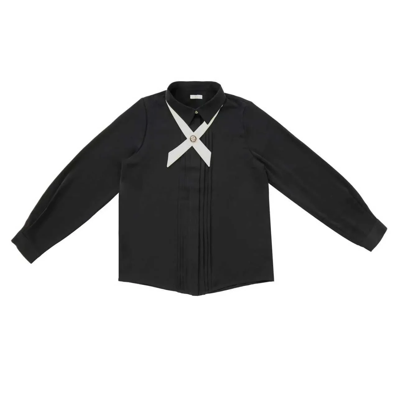 Coco Blanc Front Pleat Blouse With Cream Collar And Velvet Criss Cross