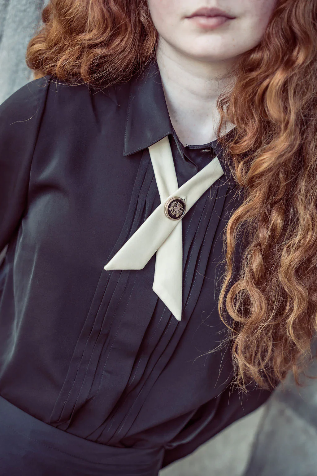 Coco Blanc Front Pleat Blouse With Cream Collar And Velvet Criss Cross - Image 2