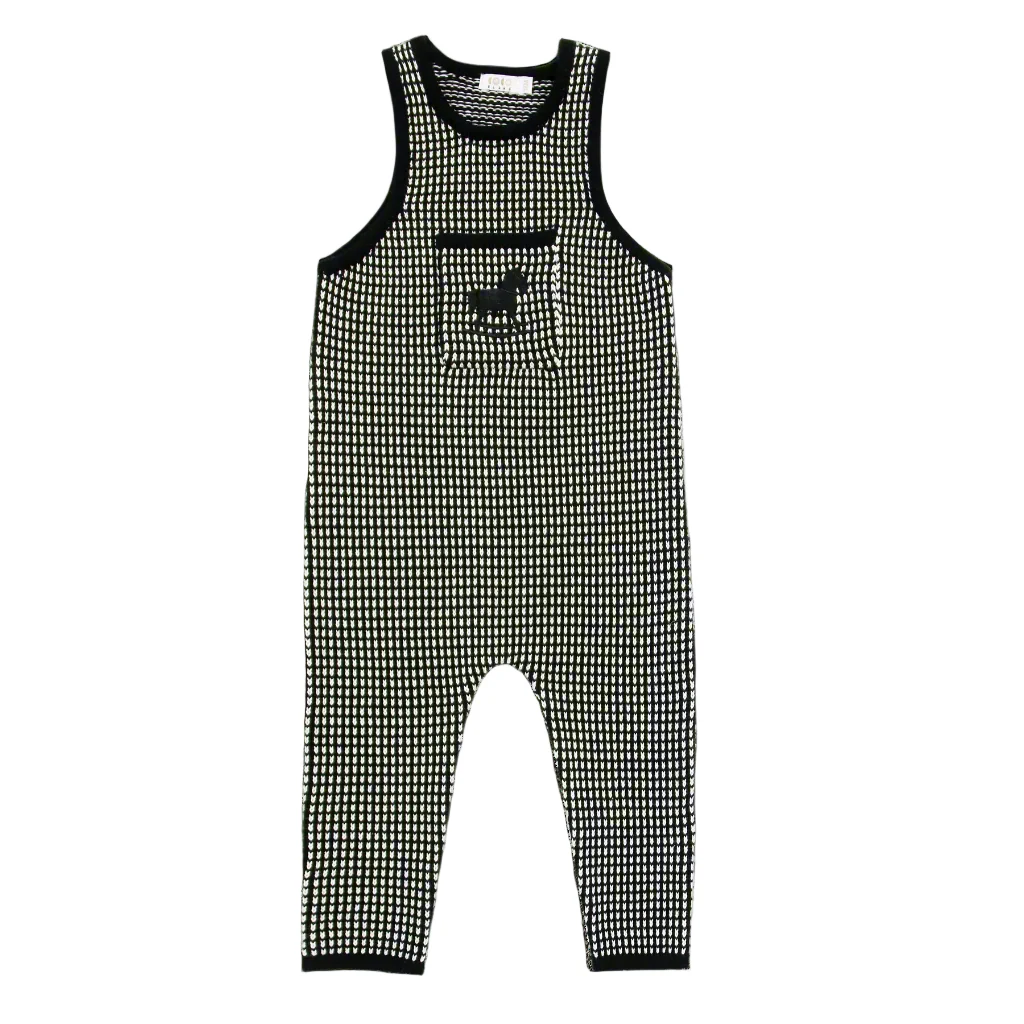 Coco Blanc Long Knit Romper With Black Embroidered Rocking Horse On Pocket - Black/White