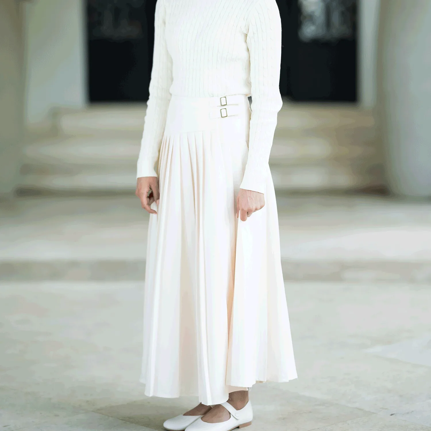 Coco Blanc Pleated Buckle Skirt - Cream