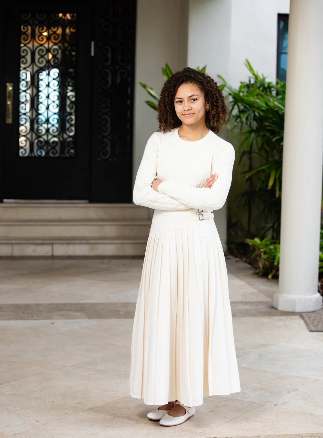 Coco Blanc Pleated Buckle Skirt - Cream - Image 2