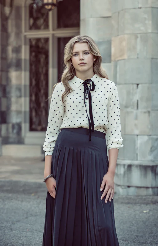 Coco Blanc Pleated Silk Skirt With Polka Dot Blouse Set - Image 2