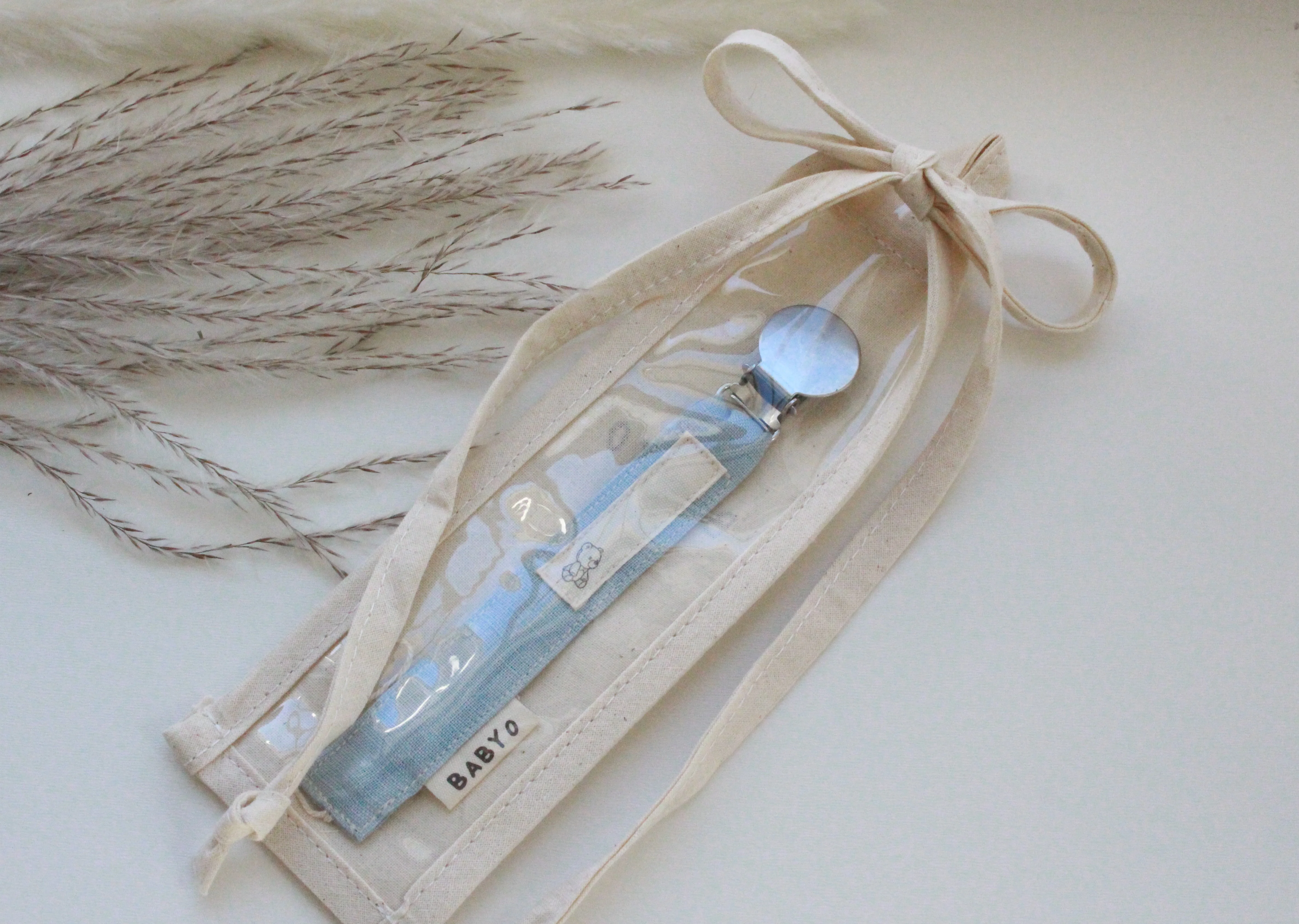 Babyo Linen Pacifier Clip Teddy Label - Tan - Image 2