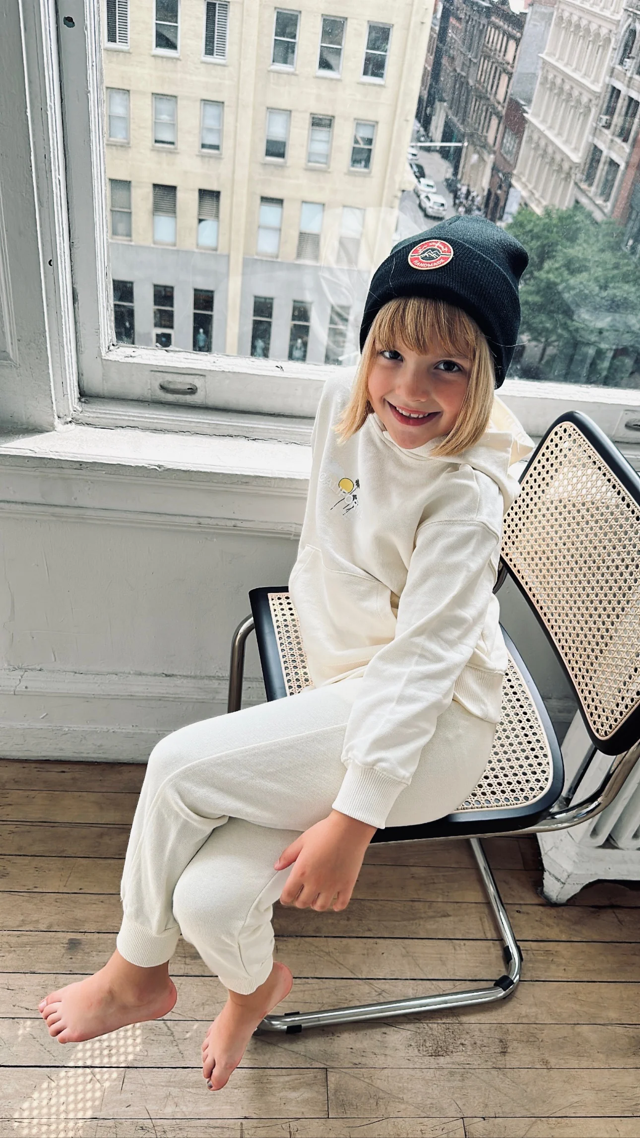 Le Enfant Knit Round Logo Beanie - Cream - Image 2
