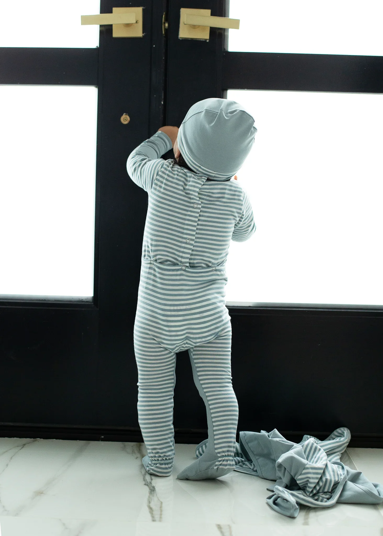 Cuddle & Coo Blue Striped Back Stretchie + Beanie - Image 3