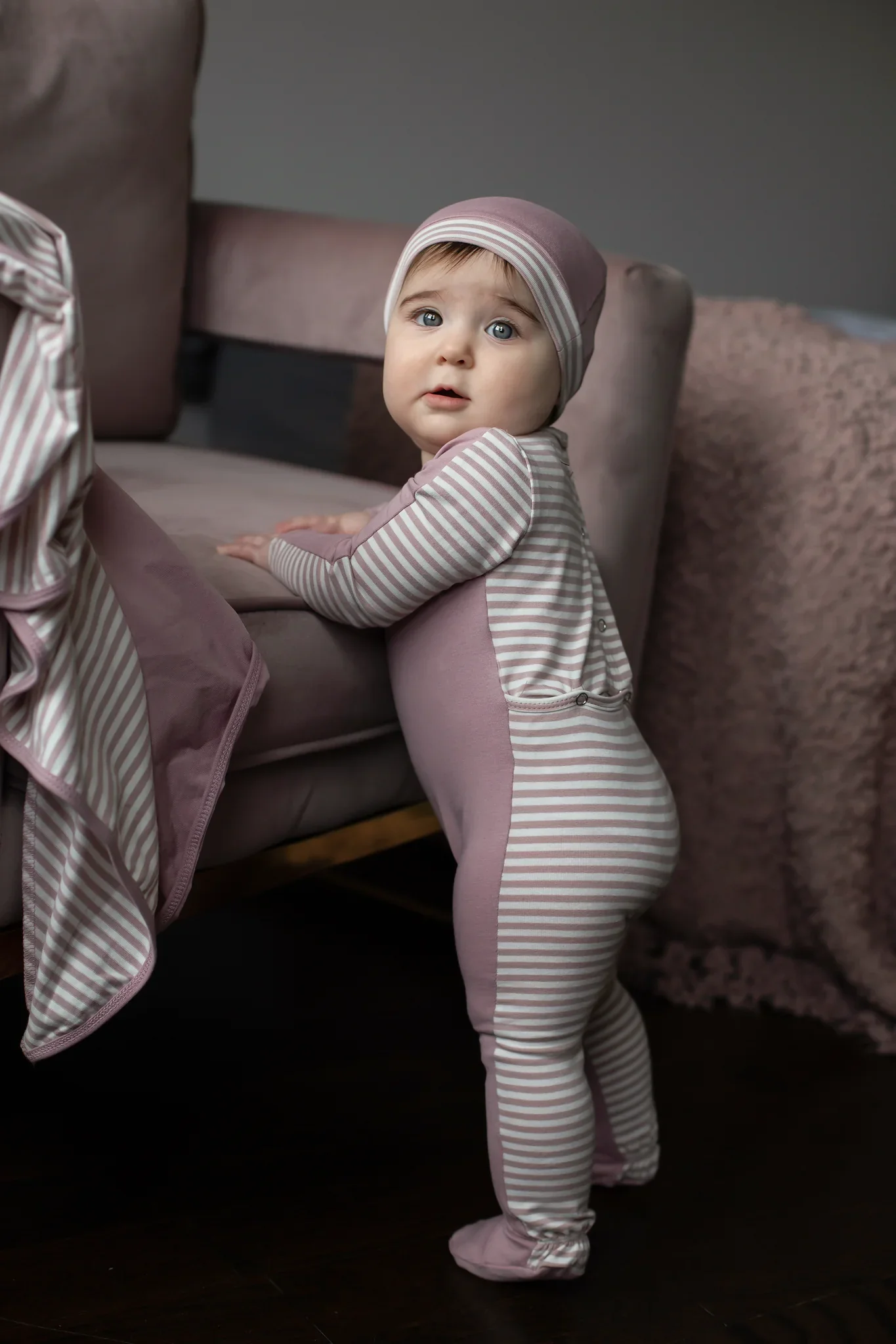 Cuddle & Coo Pink Striped Back Stretchie 3PC Set - Image 2