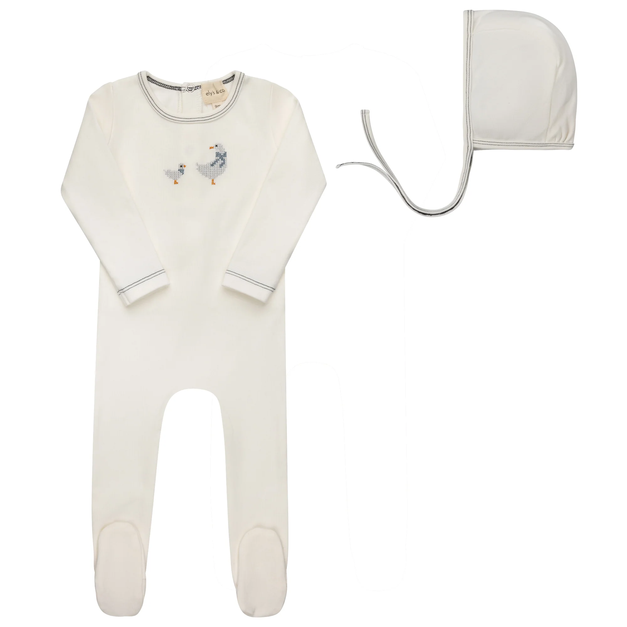 Ely's & Co Cotton Cross Stitch Duckling Collection Footie And Bonnet - Ivory/Blue