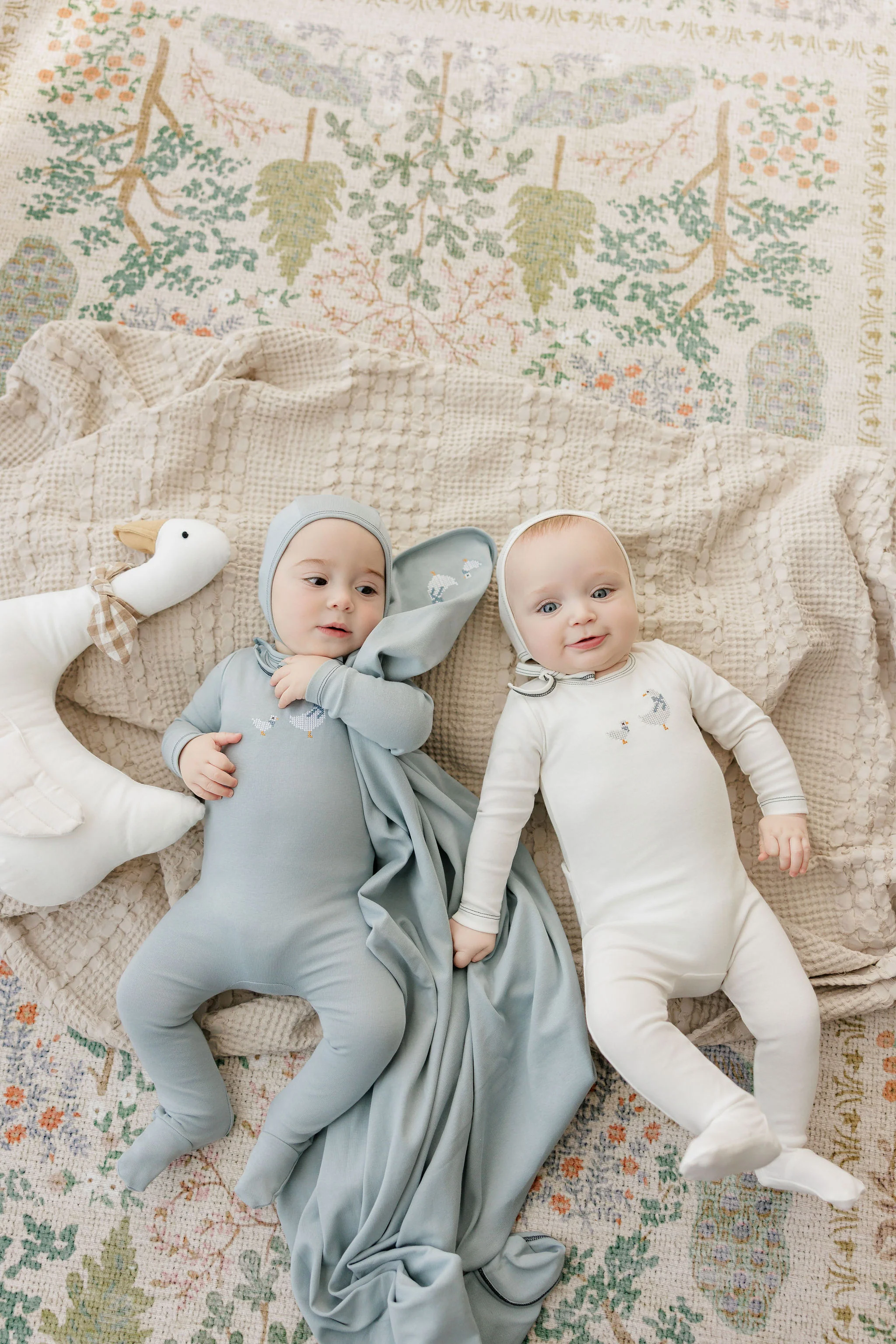 Ely's & Co Cotton Cross Stitch Duckling Collection Footie And Bonnet - Ivory/Blue - Image 2