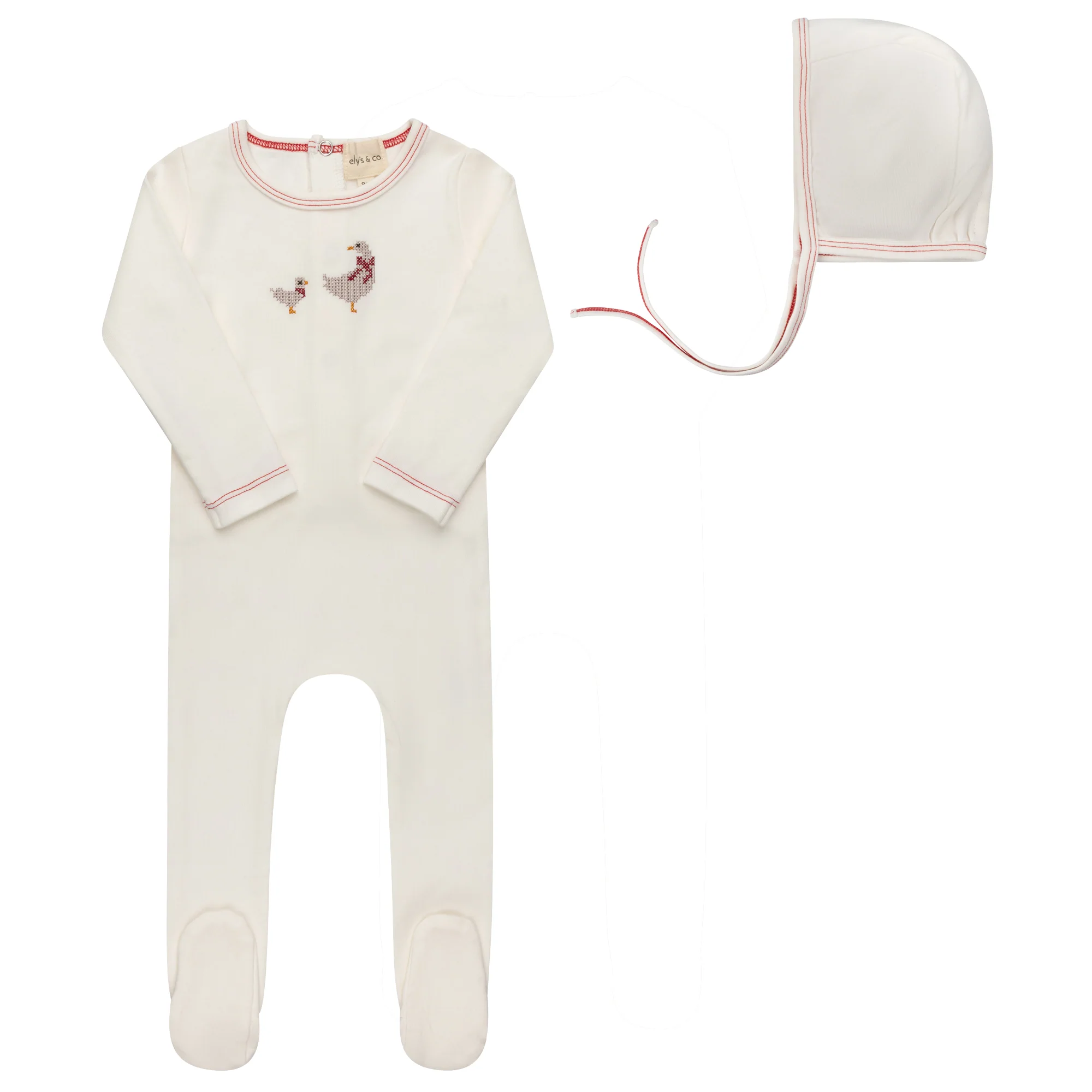 Ely's & Co Cotton Cross Stitch Duckling Collection Footie And Bonnet - Ivory/Pink