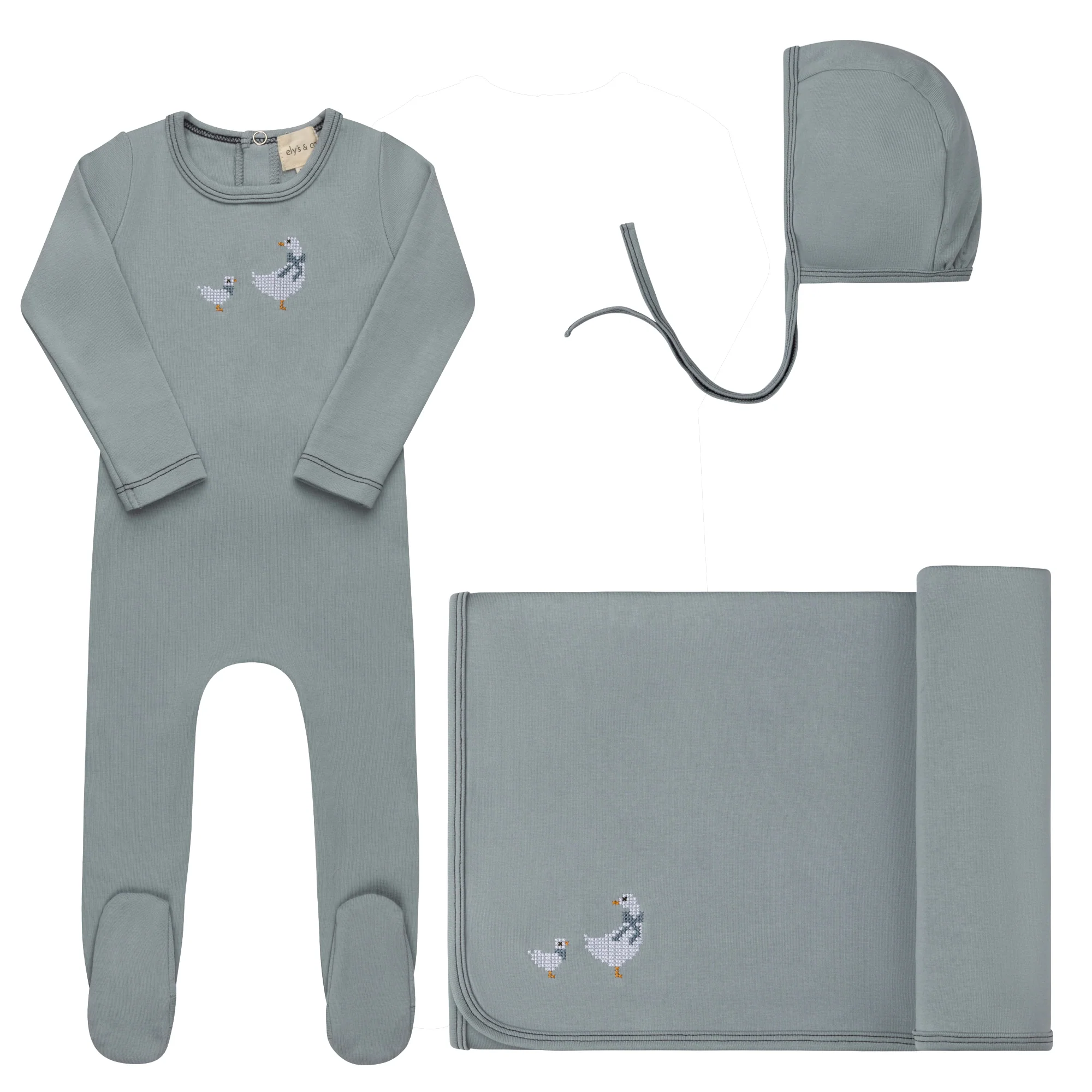 Ely's & Co Cotton Cross Stitch Duckling Collection Layette Set - Blue