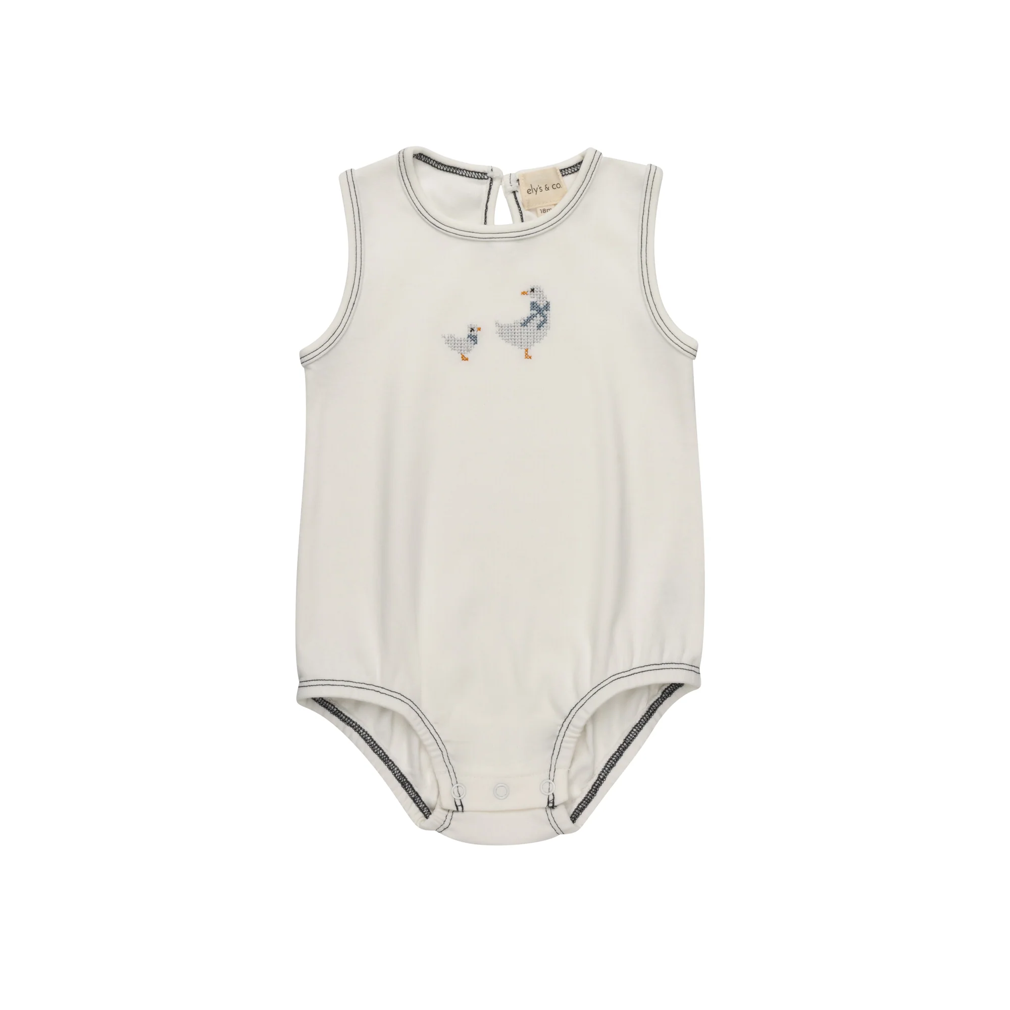 Ely's & Co Cotton Cross Stitch Duckling Collection Romper - Ivory/Blue